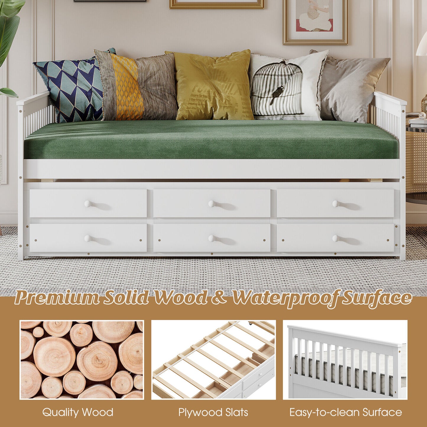 Full Size Wood Daybed with Trundle & 3 Storage Drawers