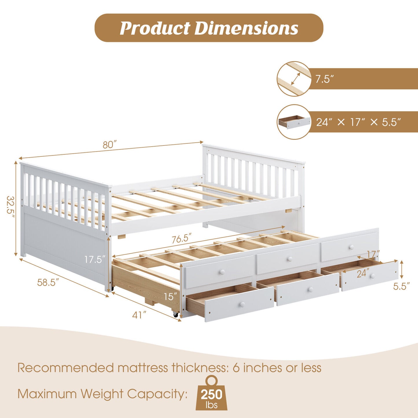 Full Size Wood Daybed with Trundle & 3 Storage Drawers