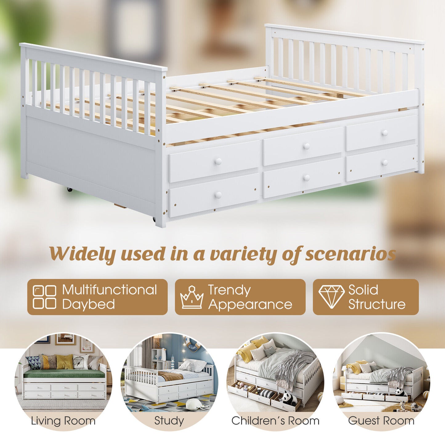 Full Size Wood Daybed with Trundle & 3 Storage Drawers