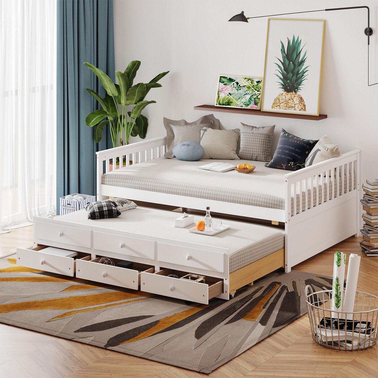 Full Size Wood Daybed with Trundle & 3 Storage Drawers