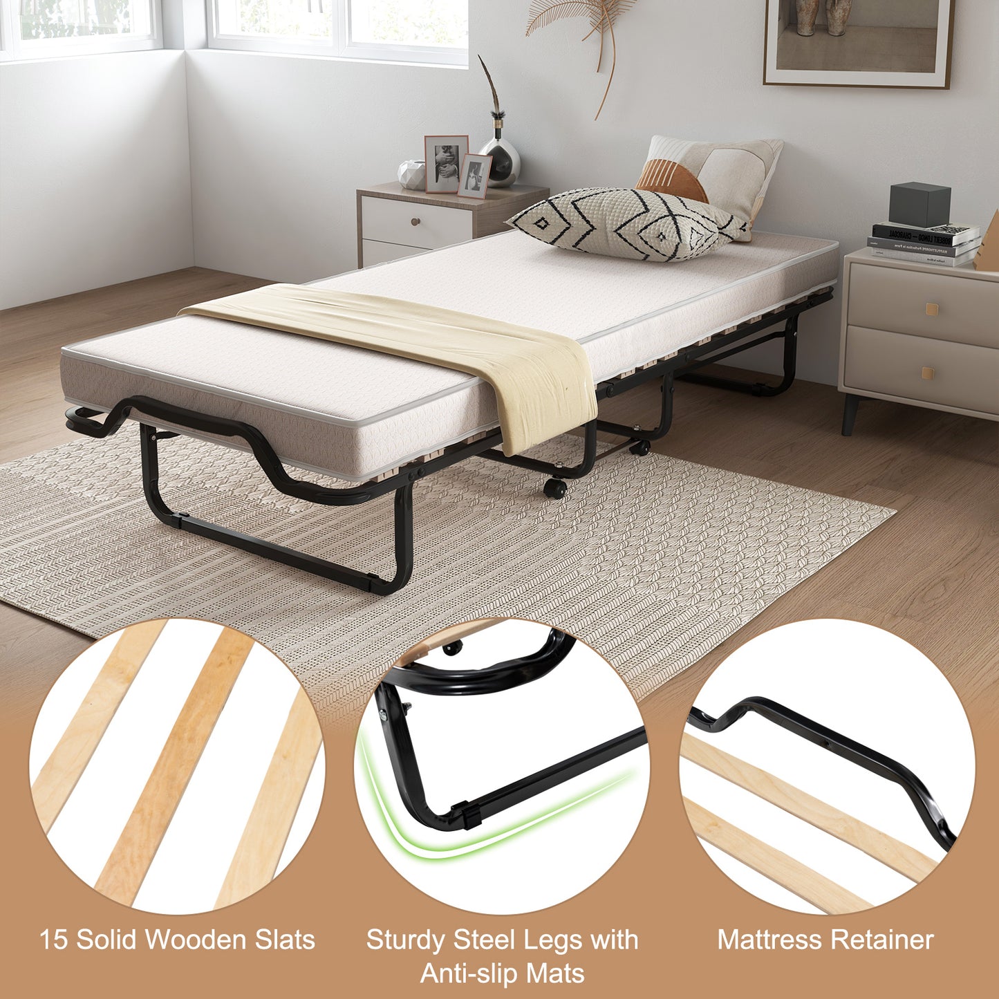 Premium Italian Made Rollaway Folding Bed with Memory Foam Mattress
