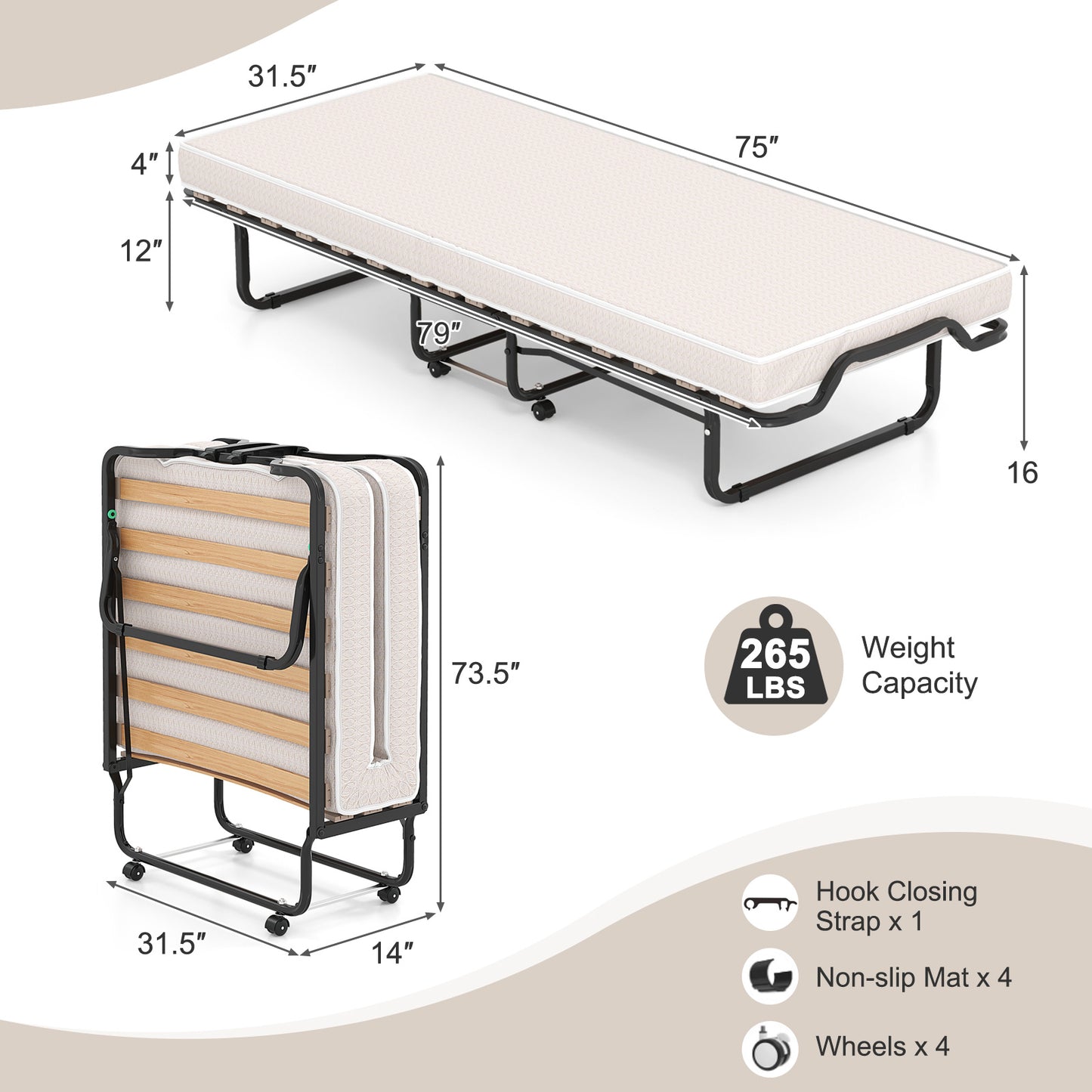 Premium Italian Made Rollaway Folding Bed with Memory Foam Mattress