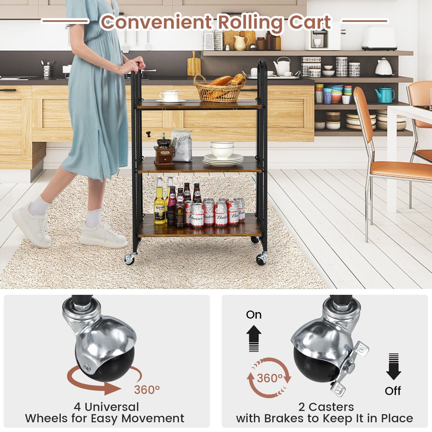 Rolling Folding Cart with Durable Metal Frame and Easy Mobility - 3 Tier