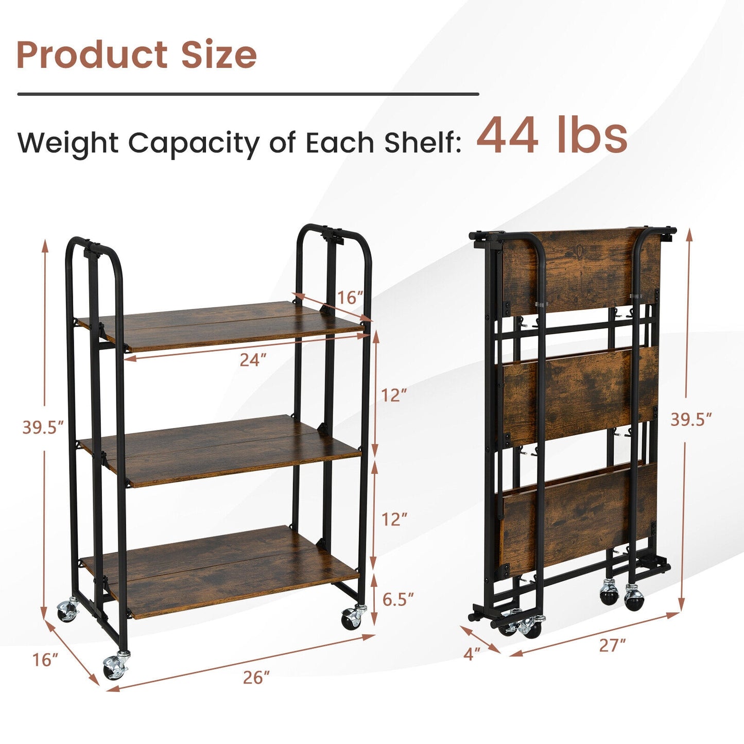 Rolling Folding Cart with Durable Metal Frame and Easy Mobility - 3 Tier