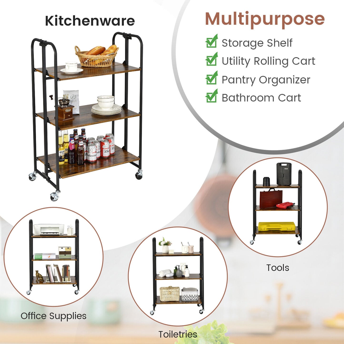 Rolling Folding Cart with Durable Metal Frame and Easy Mobility - 3 Tier