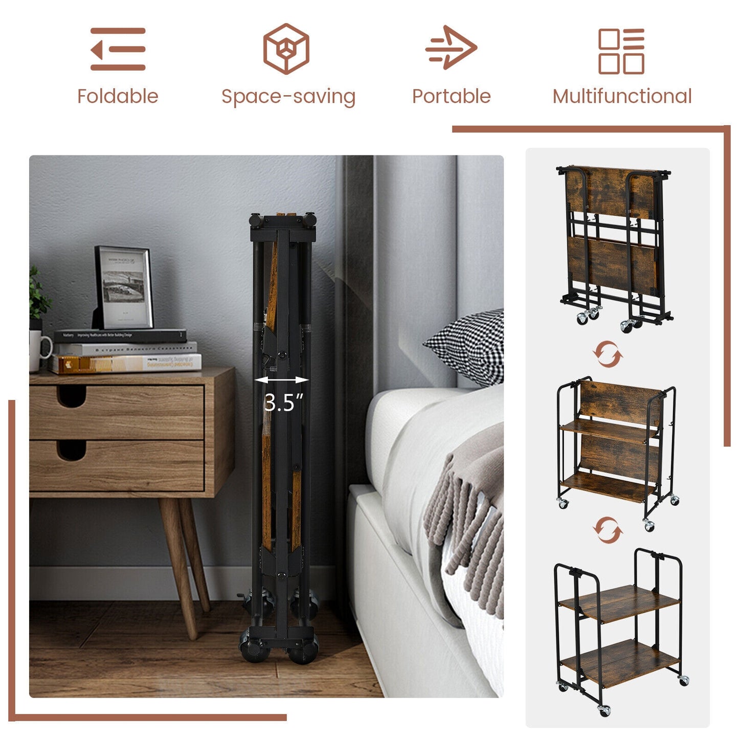 Rolling Folding Cart with Durable Metal Frame and Easy Mobility - 2 Tier