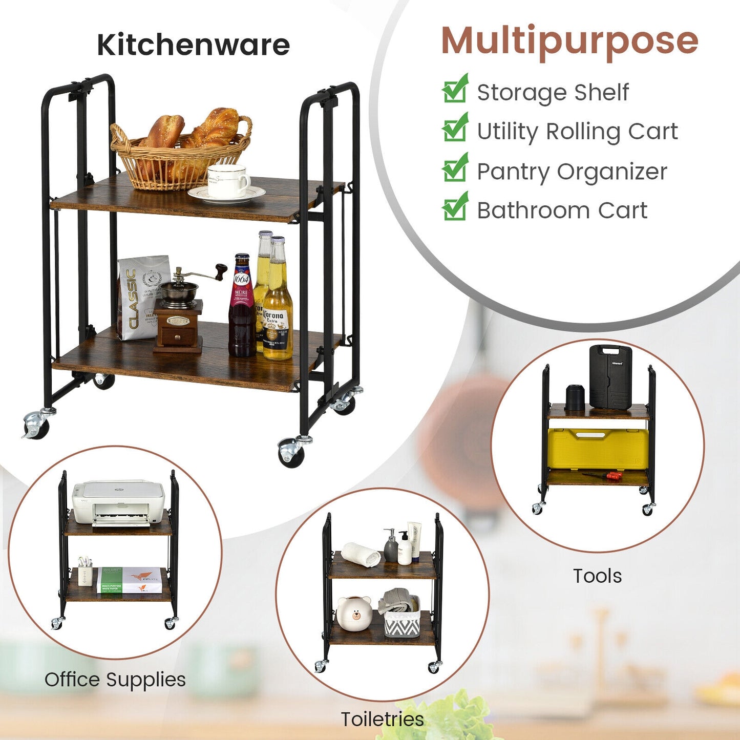 Rolling Folding Cart with Durable Metal Frame and Easy Mobility - 2 Tier