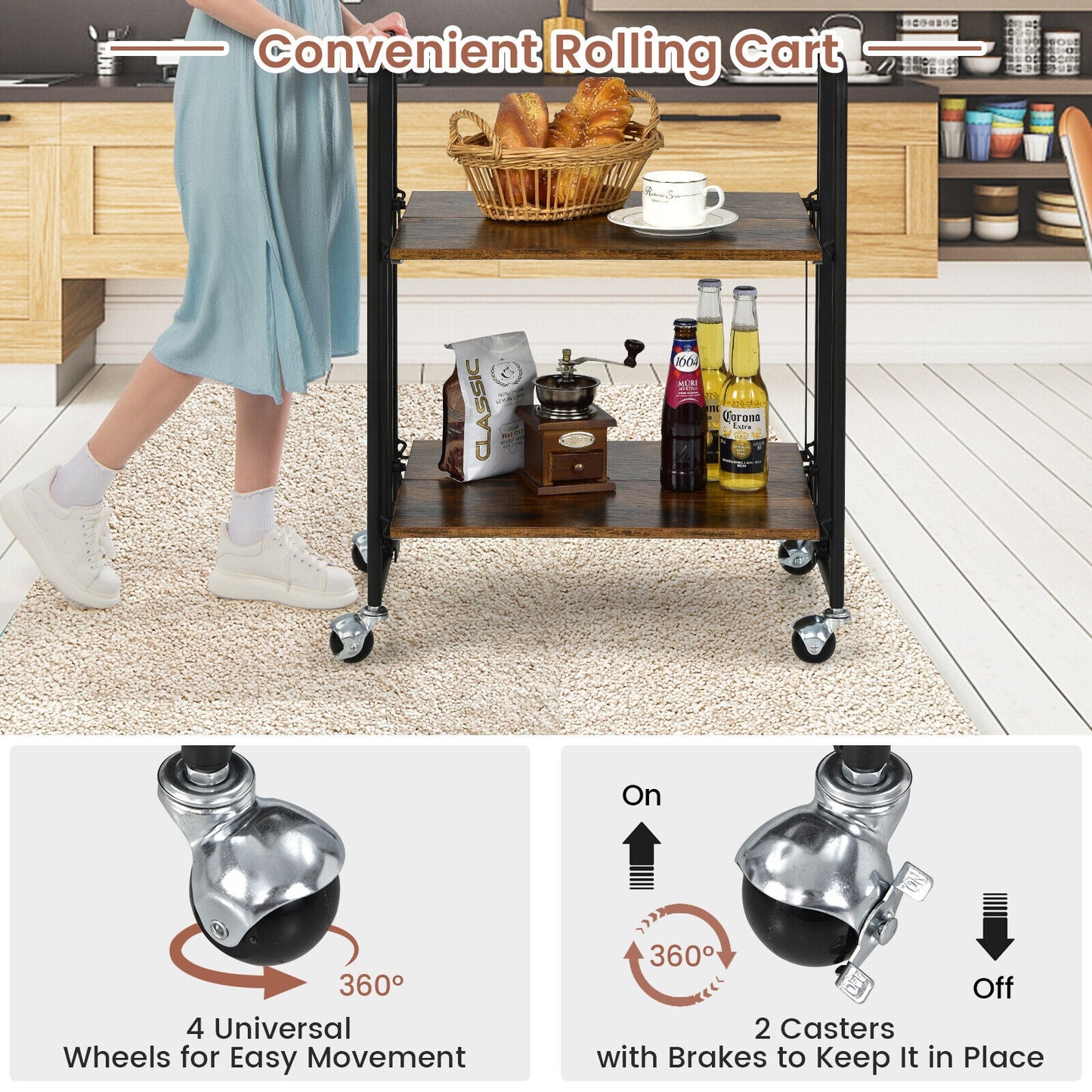 Rolling Folding Cart with Durable Metal Frame and Easy Mobility - 2 Tier