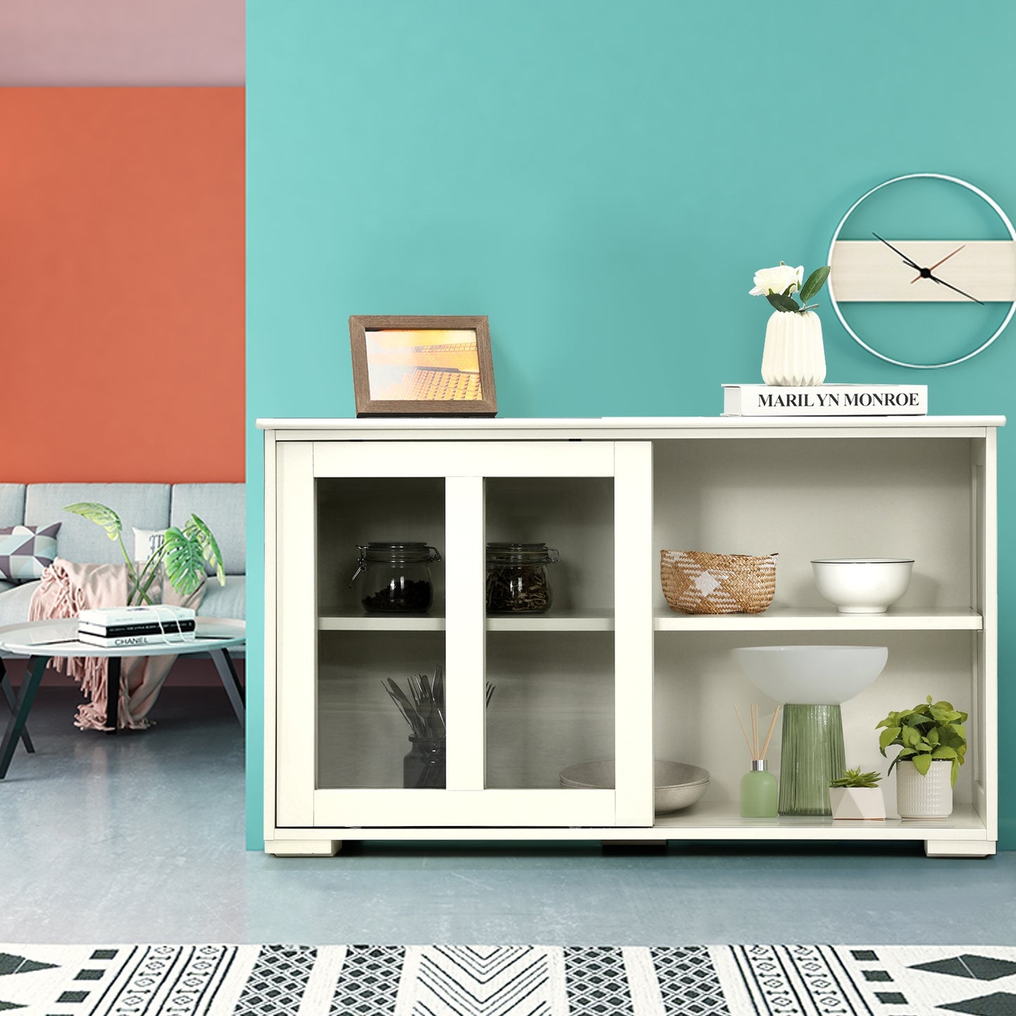 Modern Sliding Door Buffet Sideboard with Glass Cabinet Storage and Shelves - Antique White