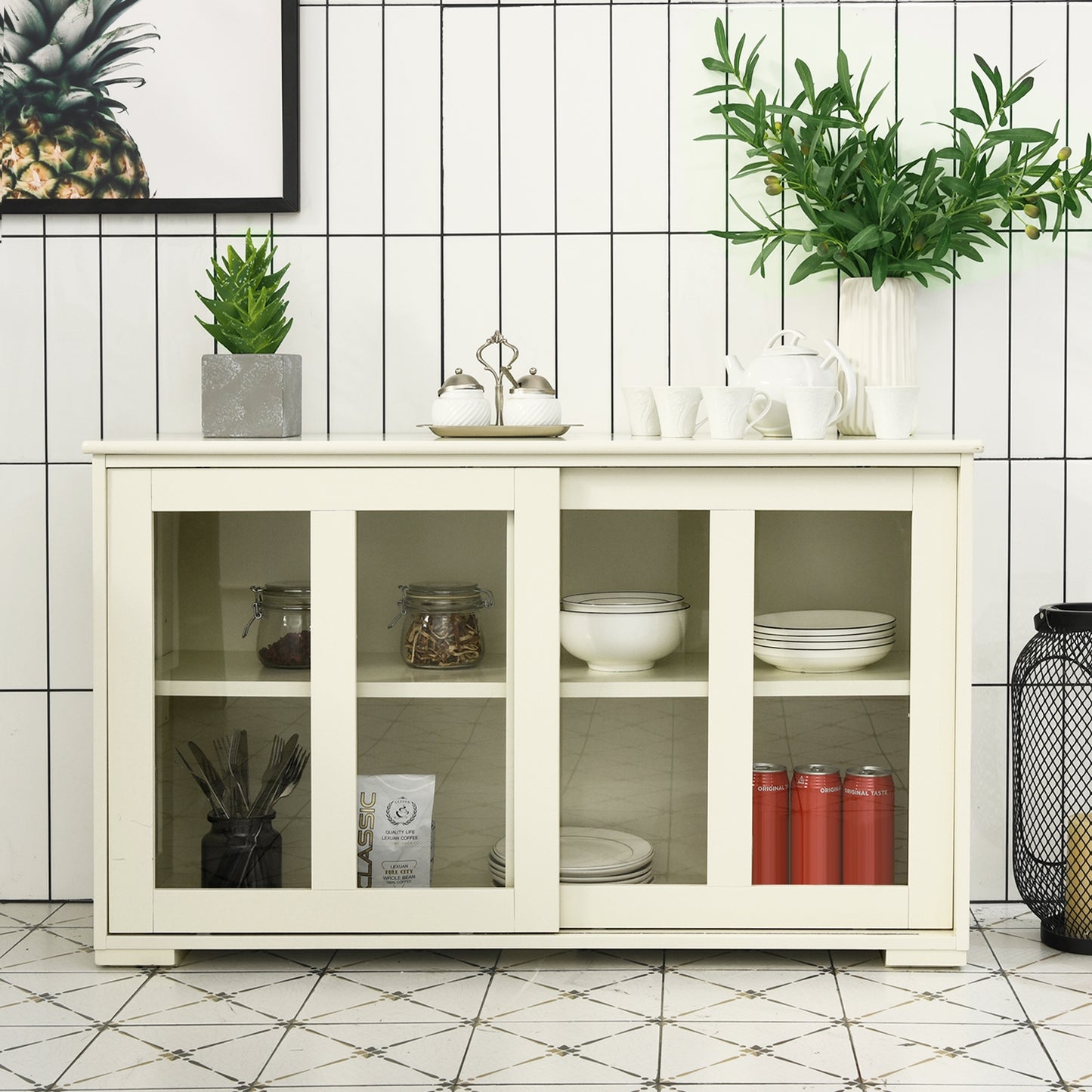 Modern Sliding Door Buffet Sideboard with Glass Cabinet Storage and Shelves - Antique White
