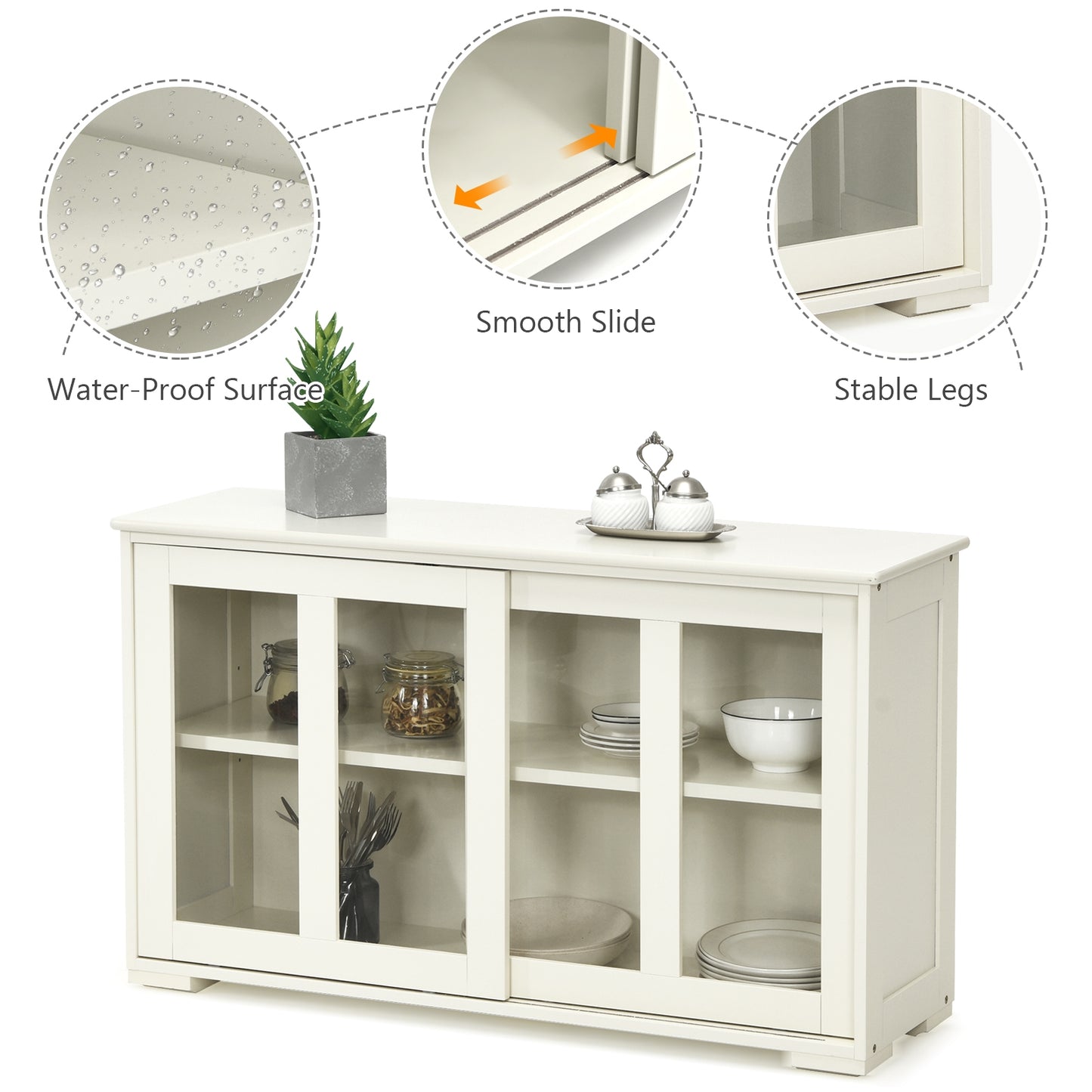 Modern Sliding Door Buffet Sideboard with Glass Cabinet Storage and Shelves - Antique White