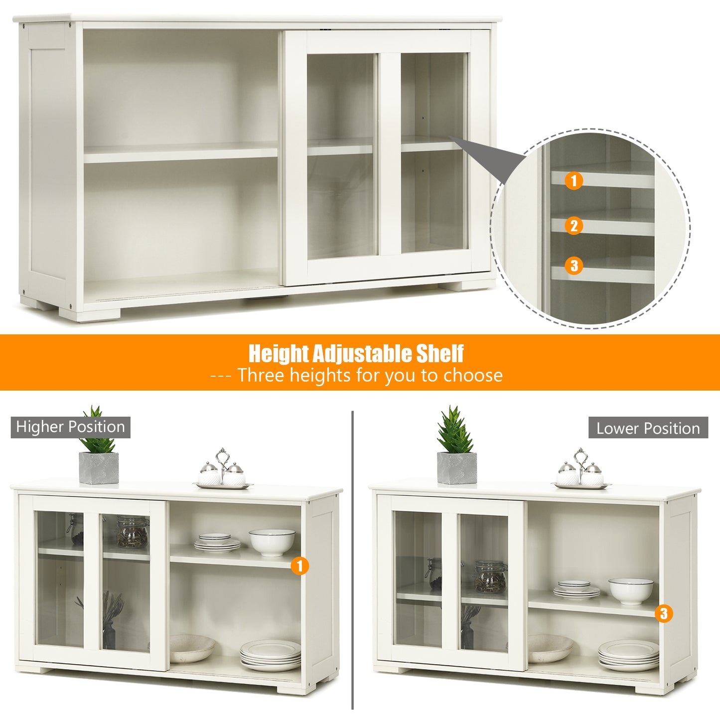 Modern Sliding Door Buffet Sideboard with Glass Cabinet Storage and Shelves - Antique White
