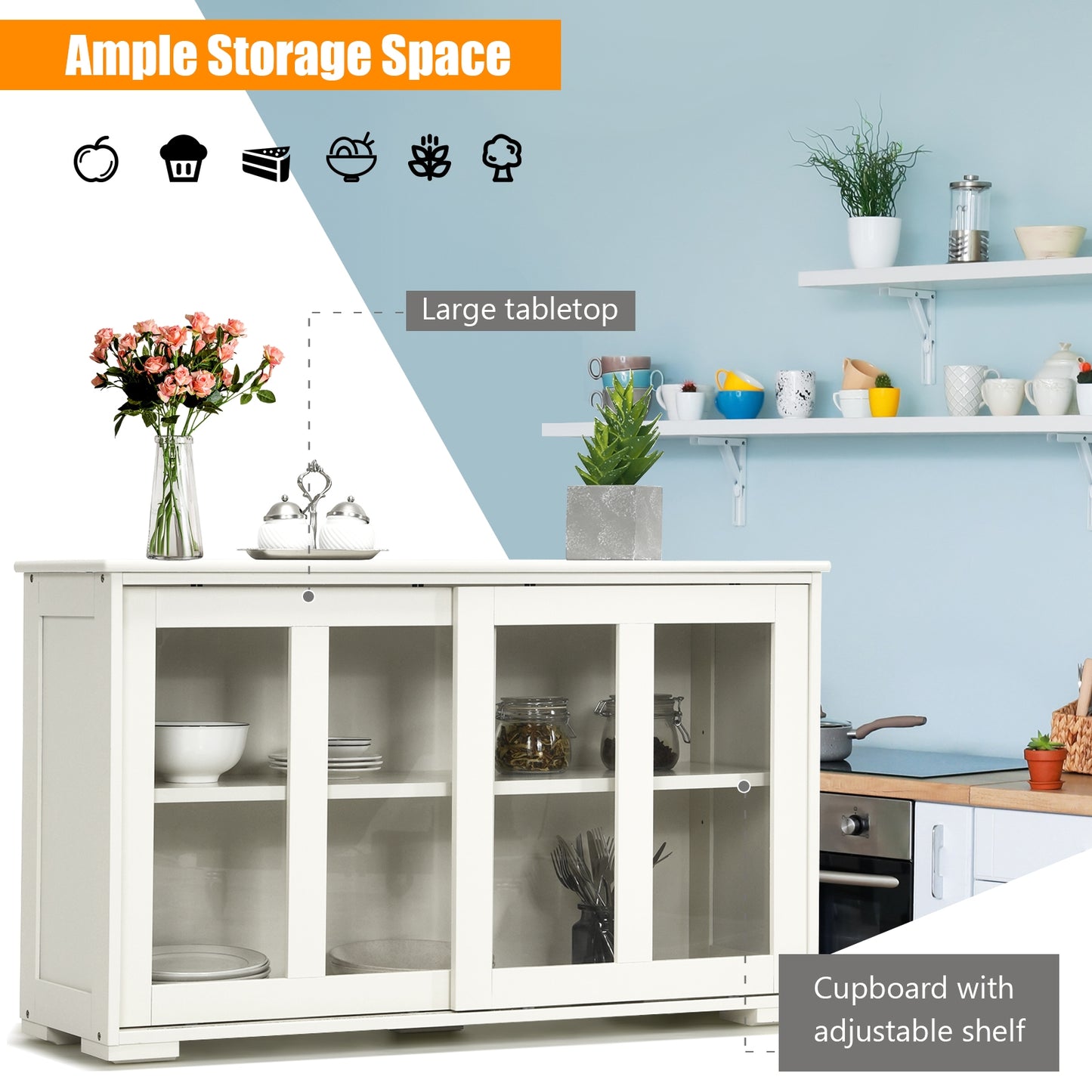 Modern Sliding Door Buffet Sideboard with Glass Cabinet Storage and Shelves - Antique White