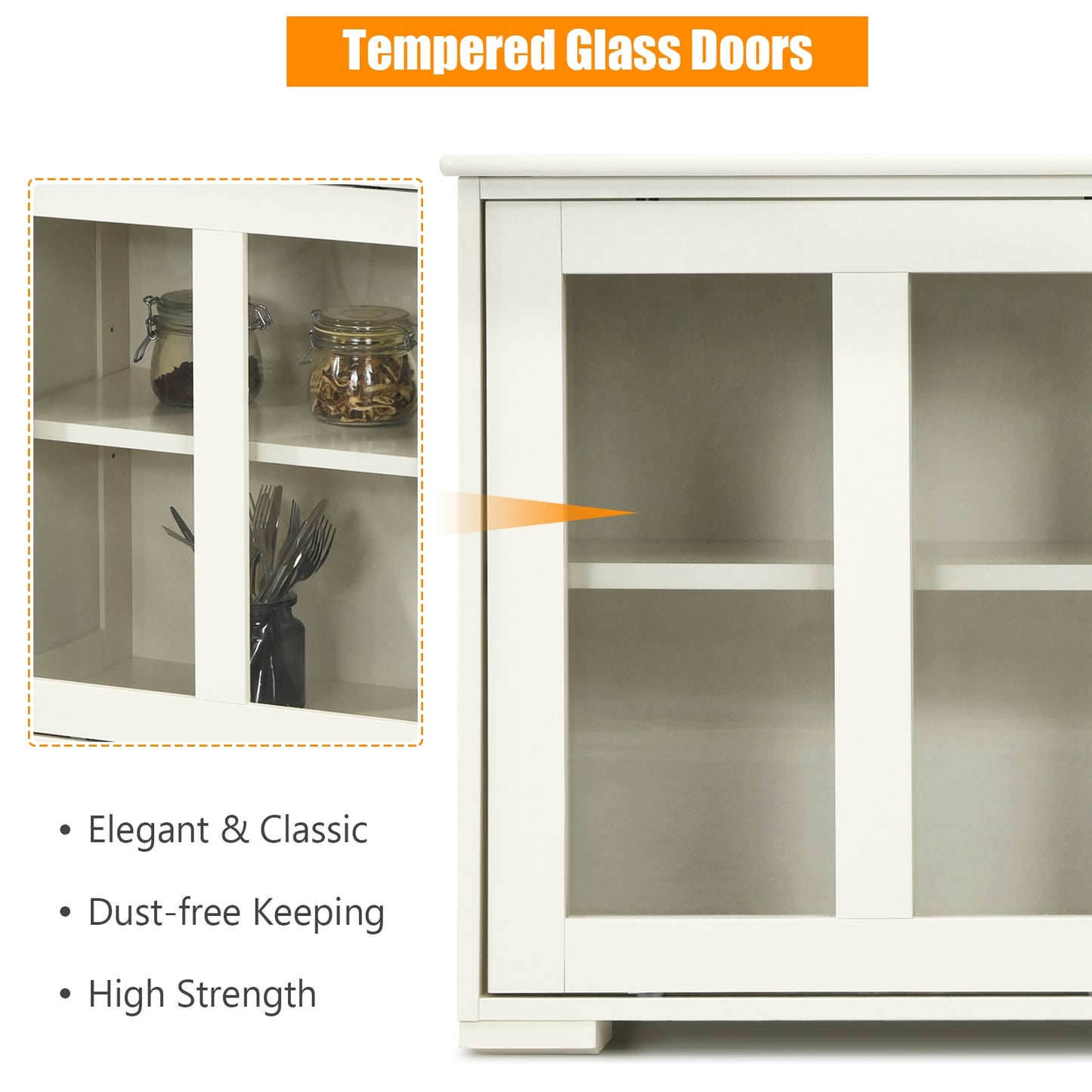 Modern Sliding Door Buffet Sideboard with Glass Cabinet Storage and Shelves - Antique White