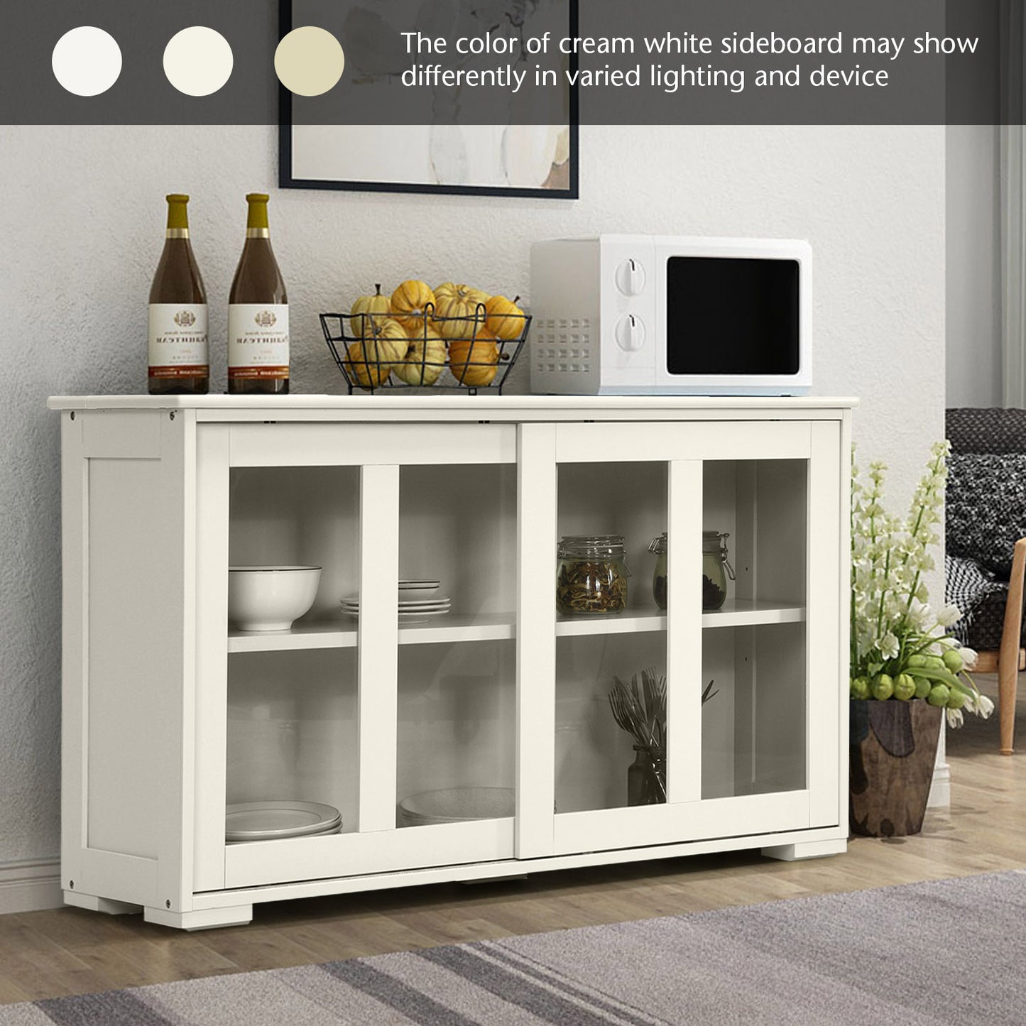 Modern Sliding Door Buffet Sideboard with Glass Cabinet Storage and Shelves - Antique White