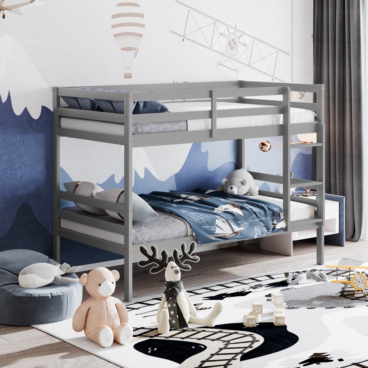 Solid Hardwood Twin Bunk Bed for Kids - Grey