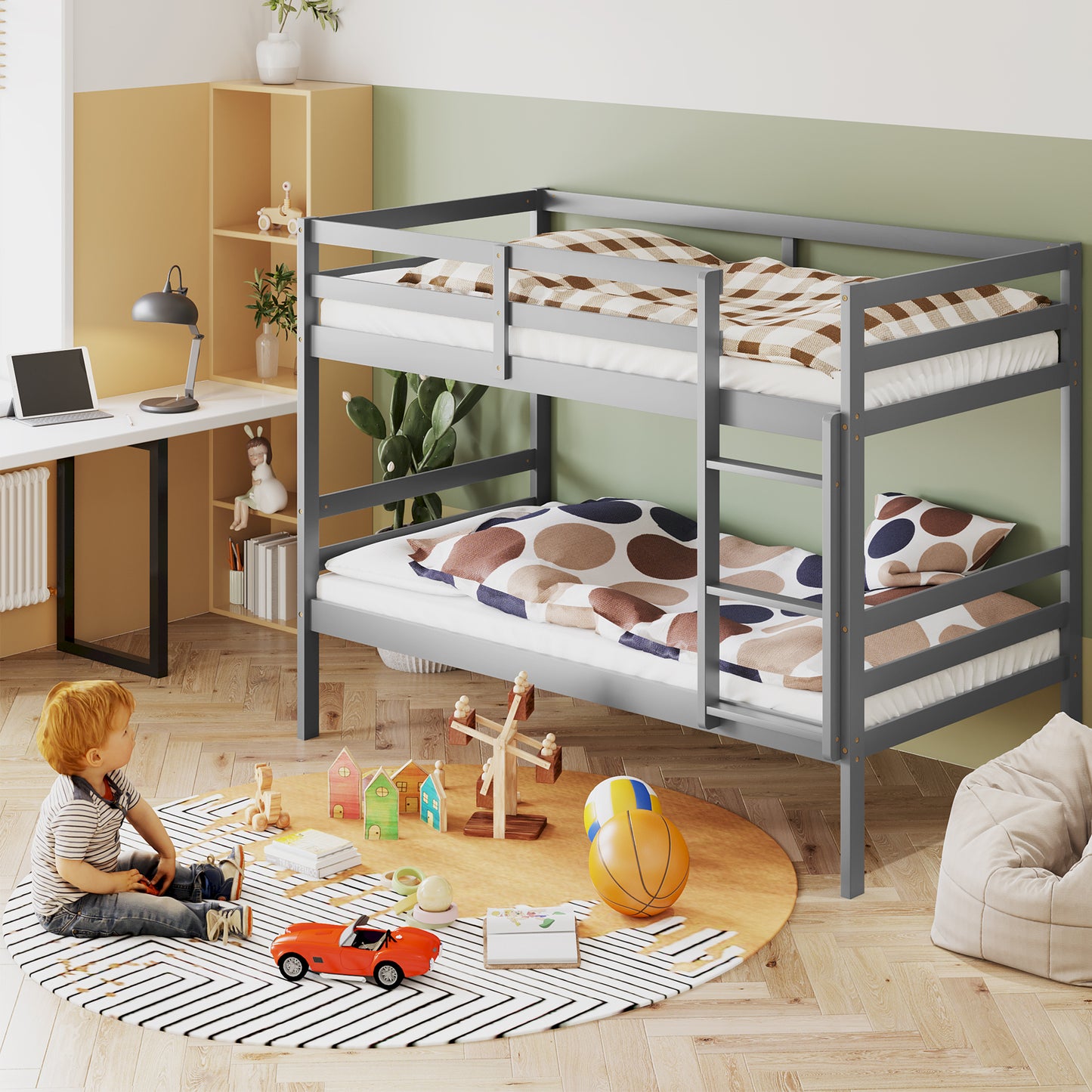 Solid Hardwood Twin Bunk Bed for Kids - Grey