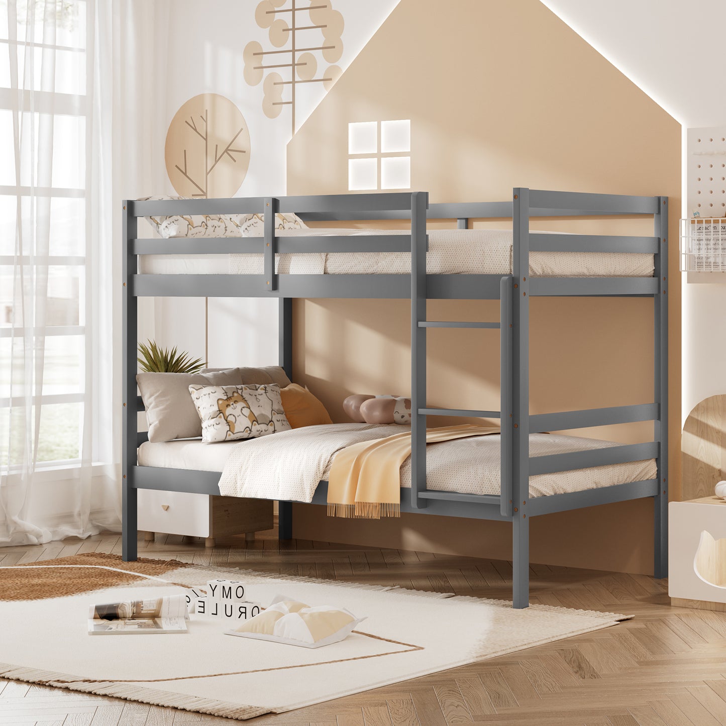 Solid Hardwood Twin Bunk Bed for Kids - Grey