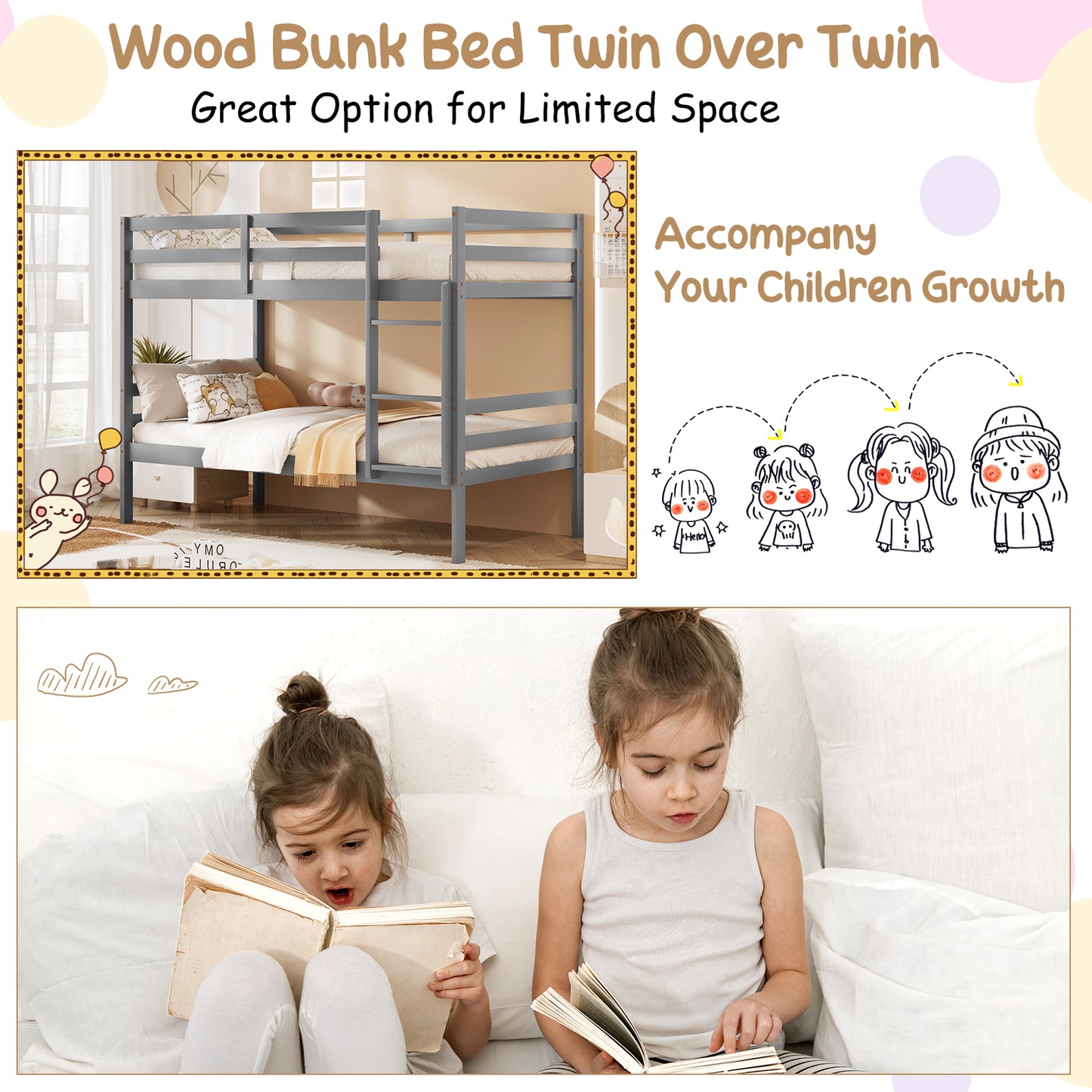 Solid Hardwood Twin Bunk Bed for Kids - Grey