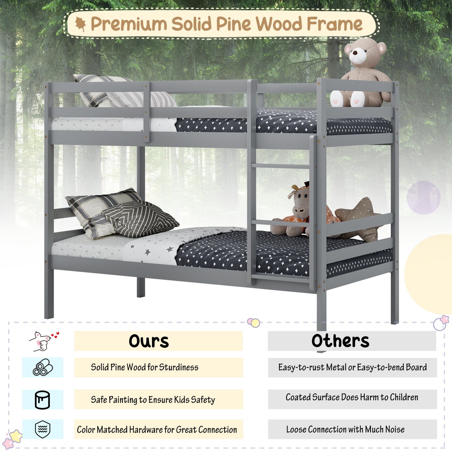 Solid Hardwood Twin Bunk Bed for Kids - Grey