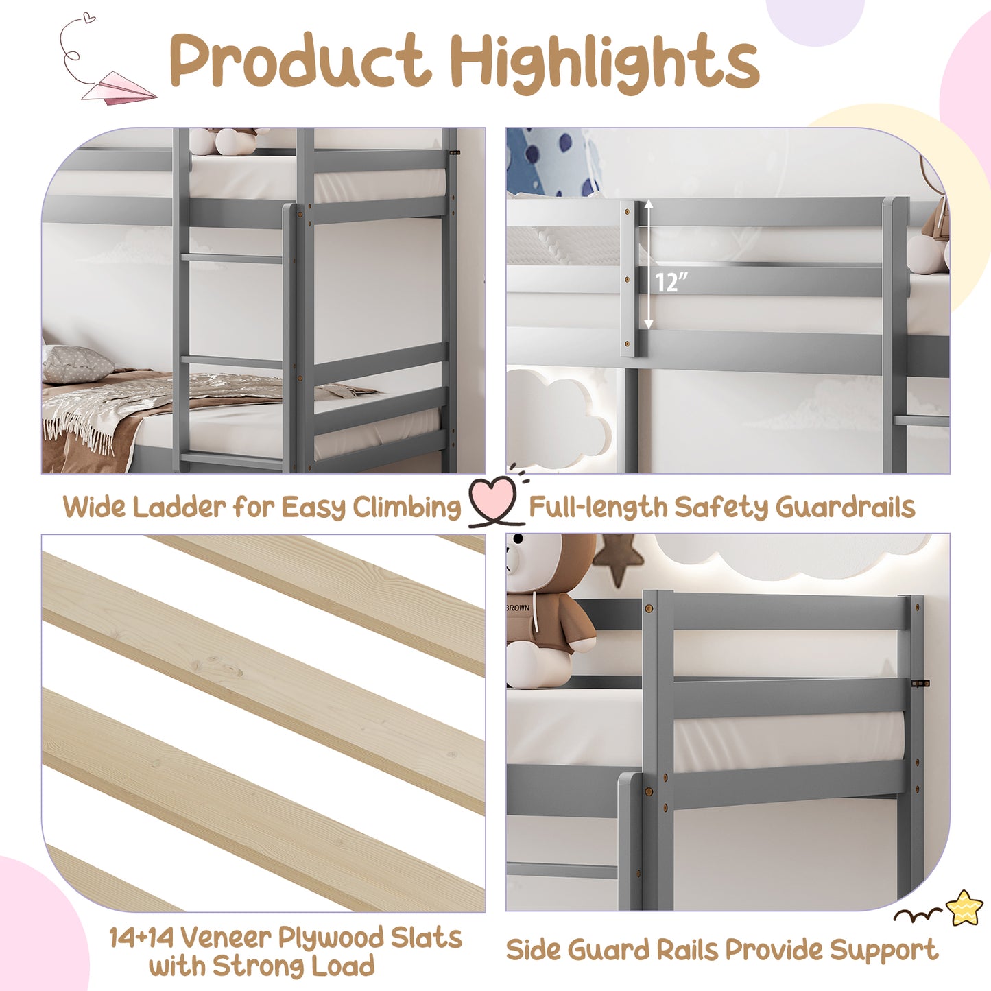 Solid Hardwood Twin Bunk Bed for Kids - Grey