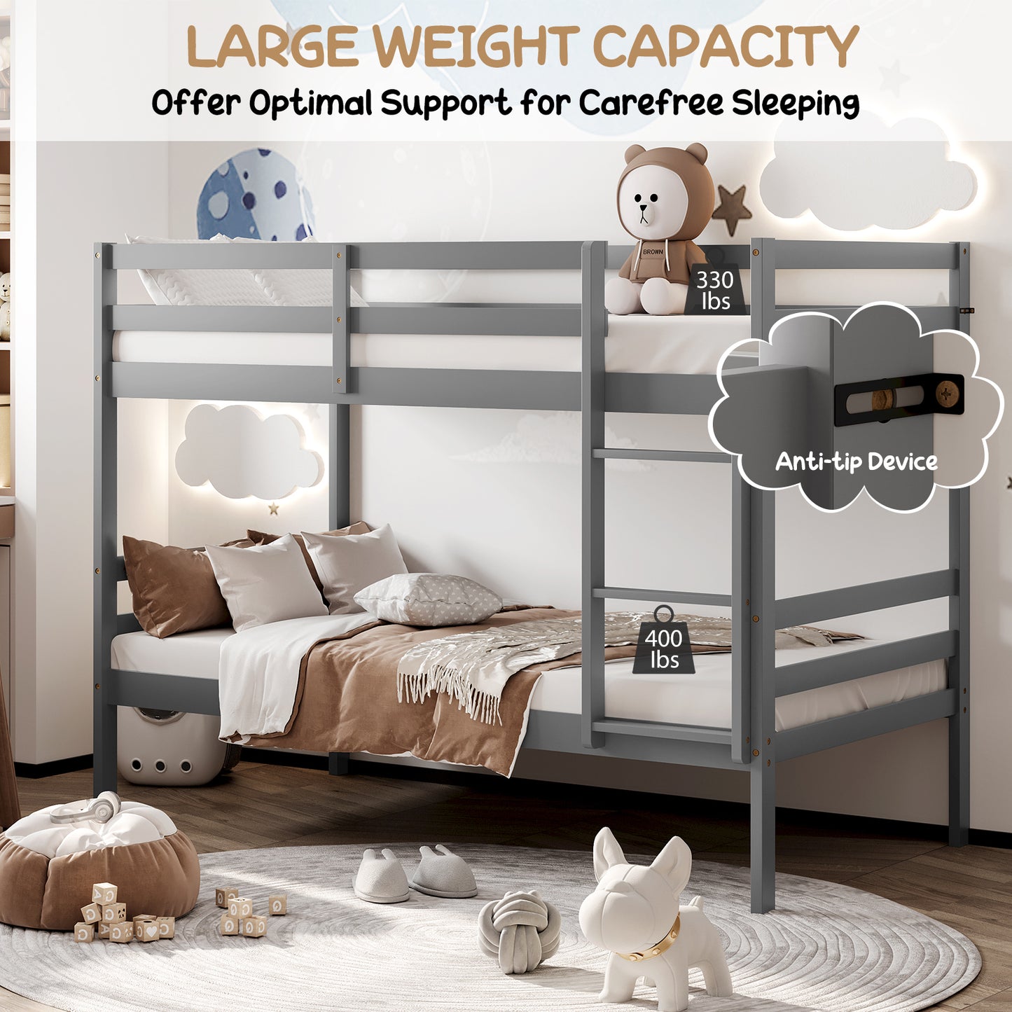 Solid Hardwood Twin Bunk Bed for Kids - Grey