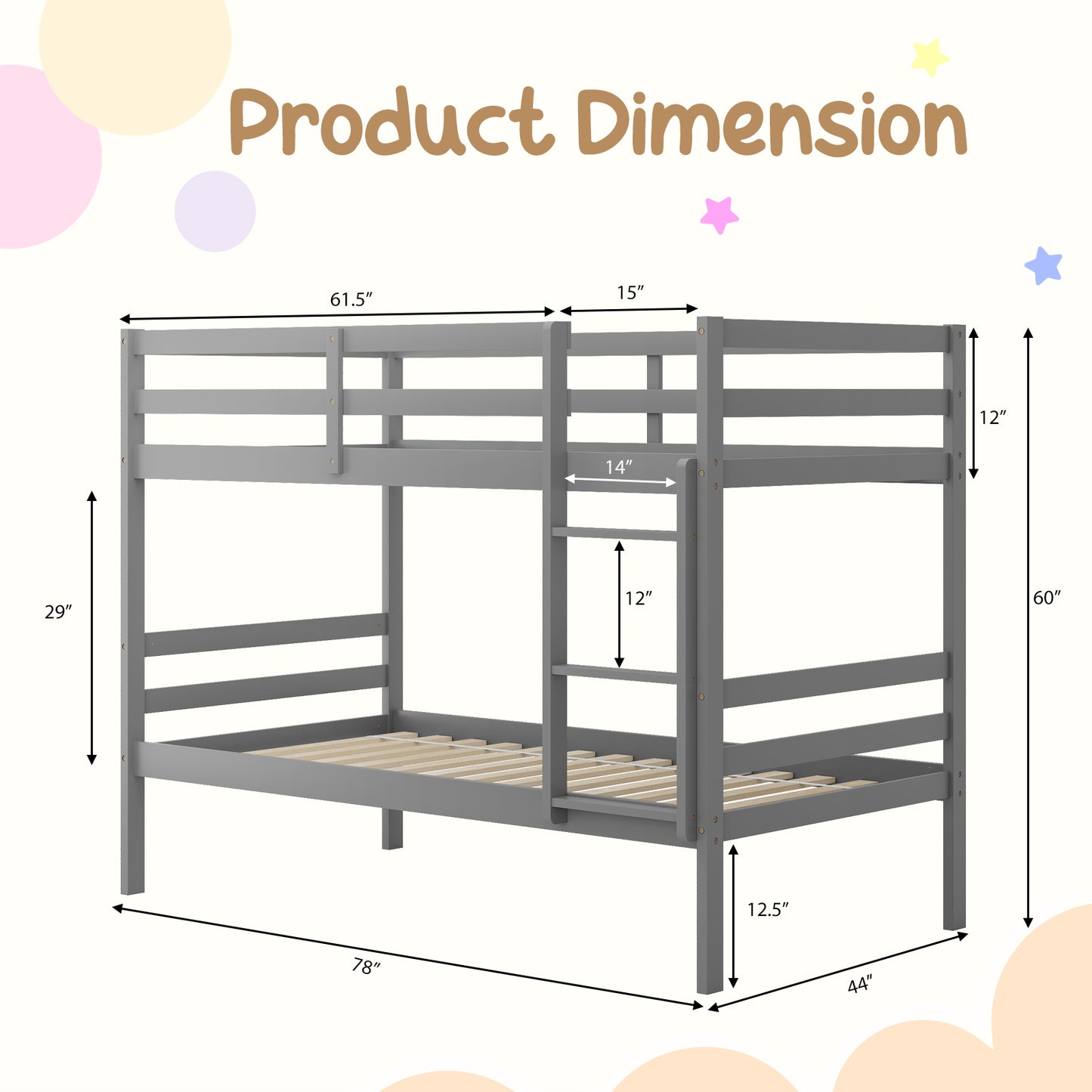Solid Hardwood Twin Bunk Bed for Kids - Grey