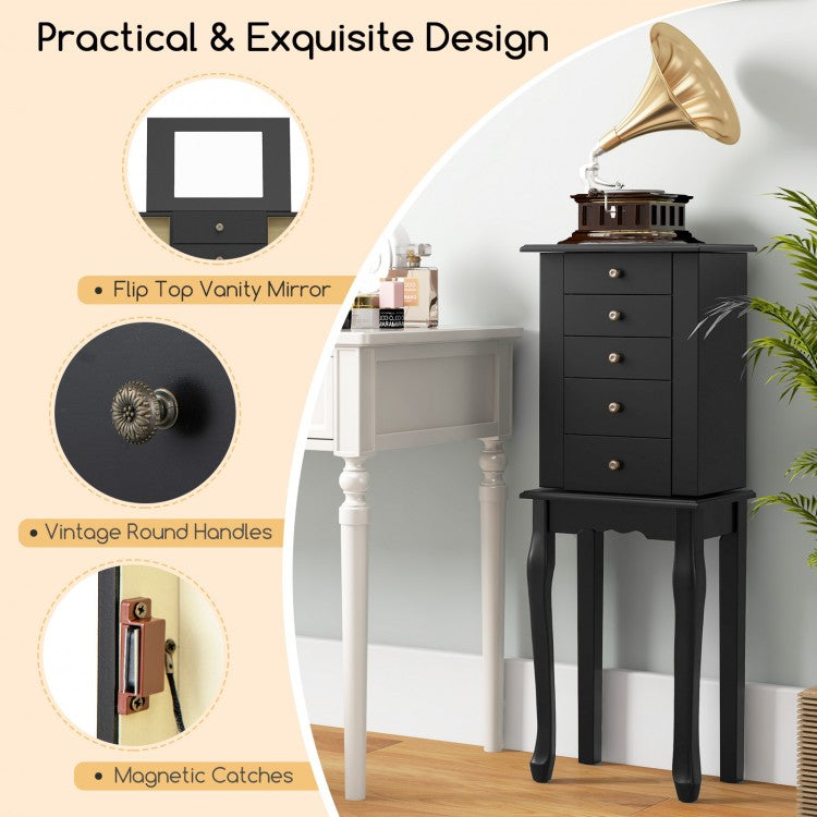 Elegant Standing Jewelry Armoire with Full-Length Mirror and Ample Storage – Black