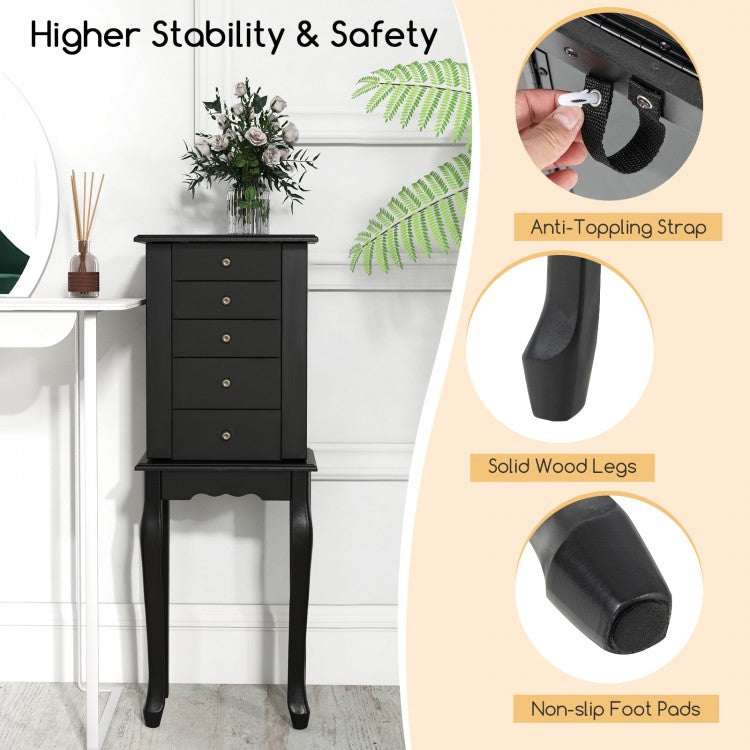 Elegant Standing Jewelry Armoire with Full-Length Mirror and Ample Storage – Black