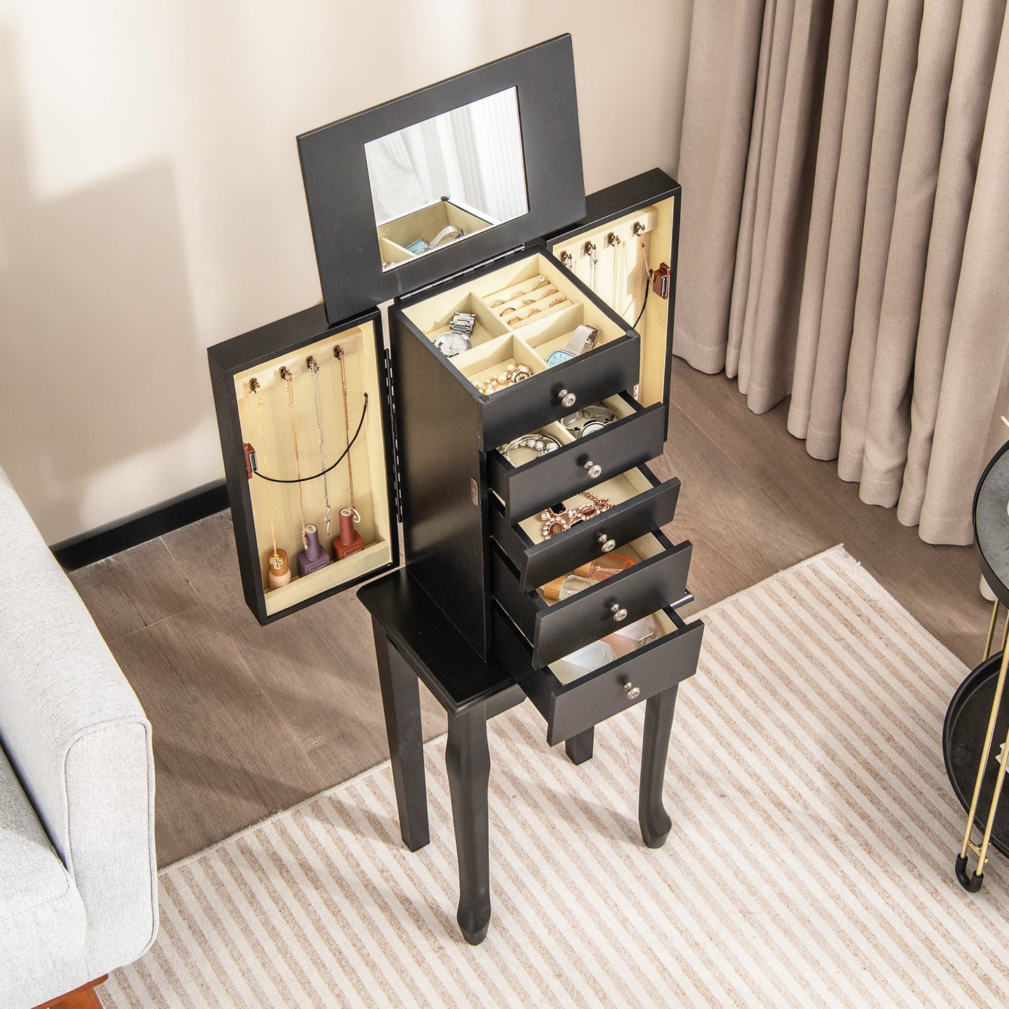 Elegant Standing Jewelry Armoire with Full-Length Mirror and Ample Storage – Black