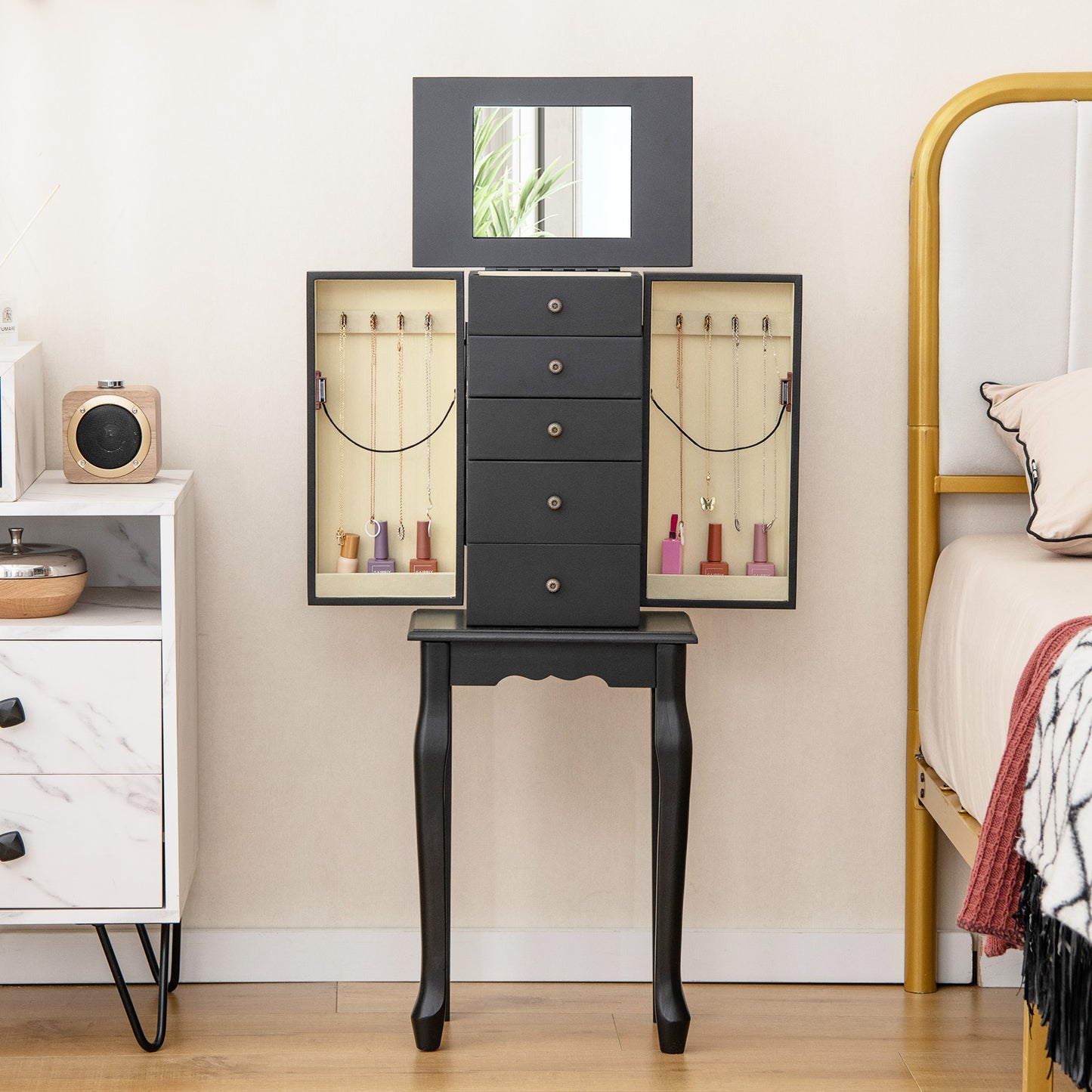 Elegant Standing Jewelry Armoire with Full-Length Mirror and Ample Storage – Black