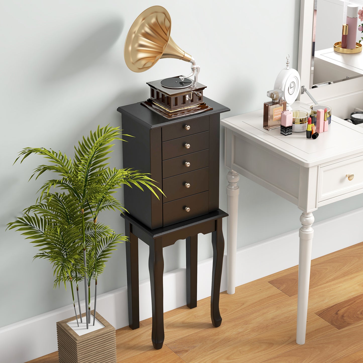 Elegant Standing Jewelry Armoire with Full-Length Mirror and Ample Storage – Black