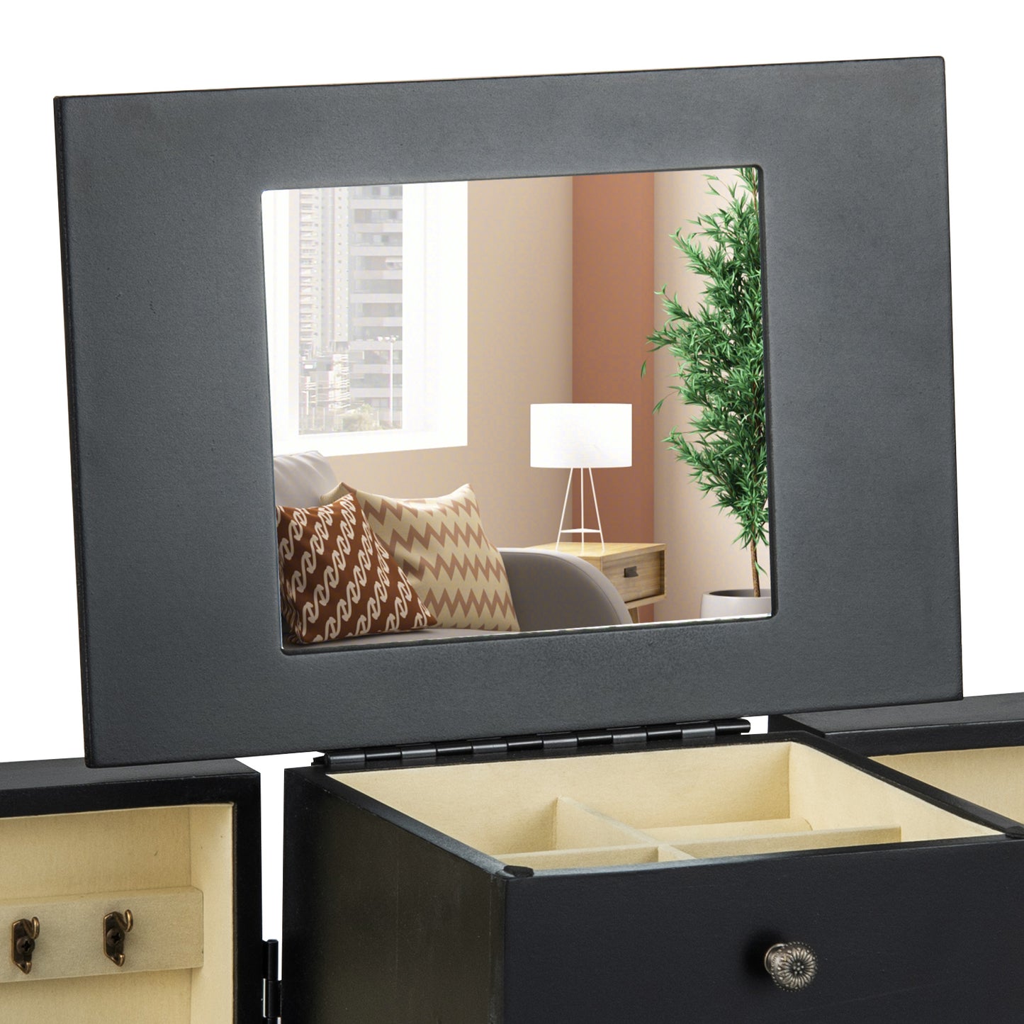 Elegant Standing Jewelry Armoire with Full-Length Mirror and Ample Storage – Black