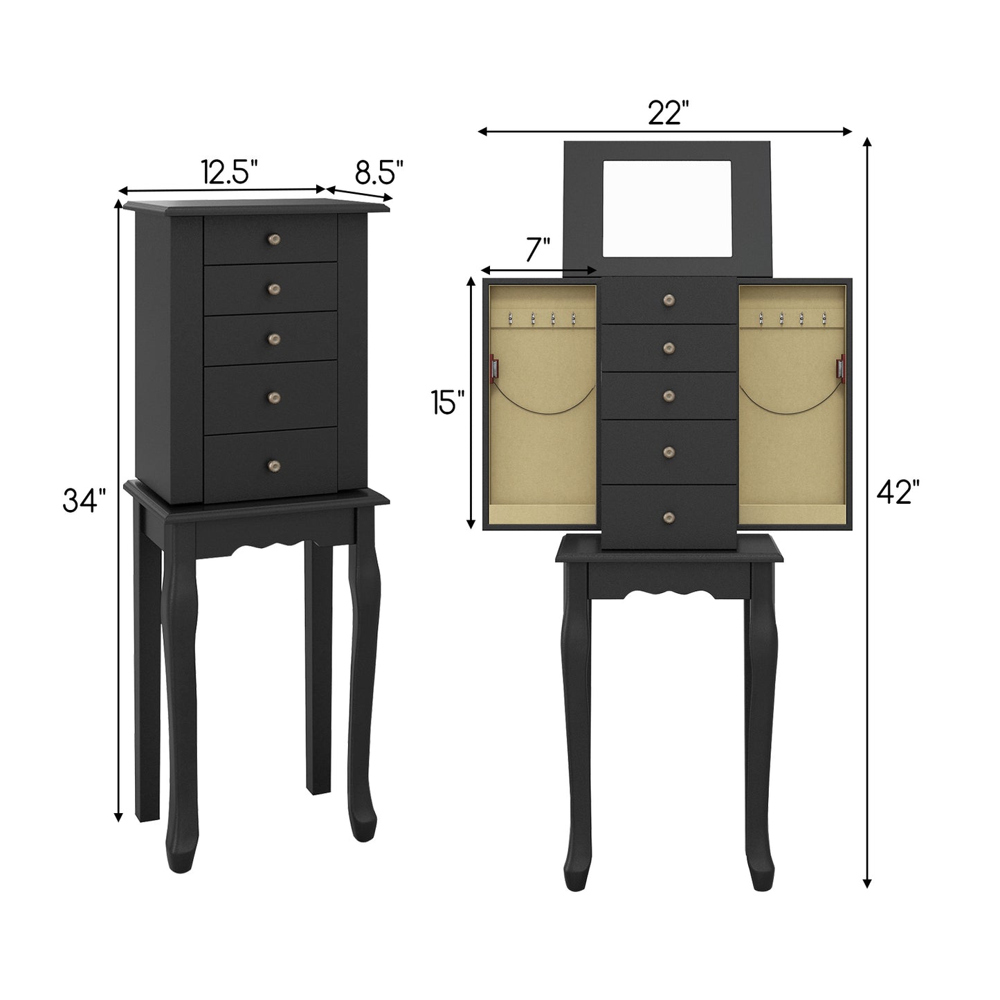 Elegant Standing Jewelry Armoire with Full-Length Mirror and Ample Storage – Black