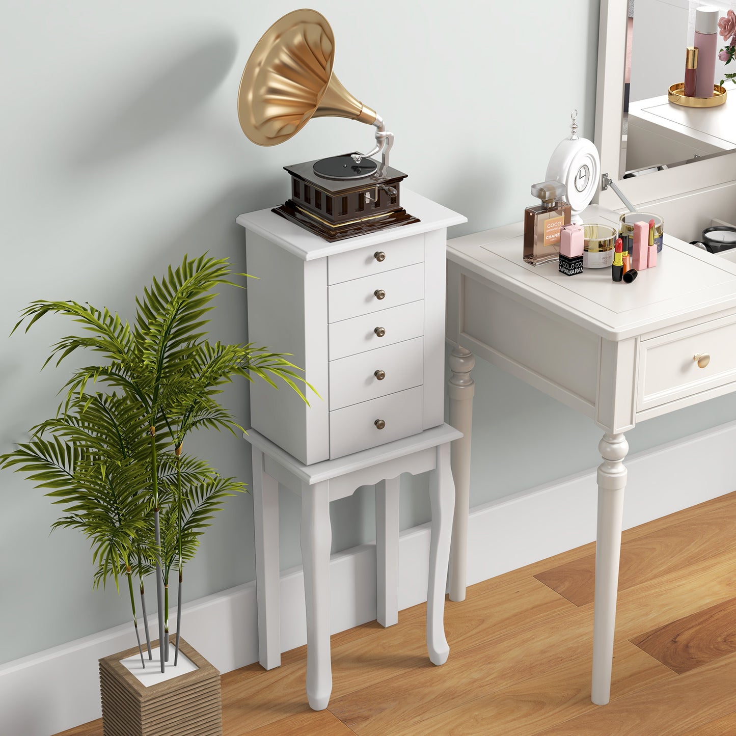 Elegant Standing Jewelry Armoire with Full-Length Mirror and Ample Storage – White