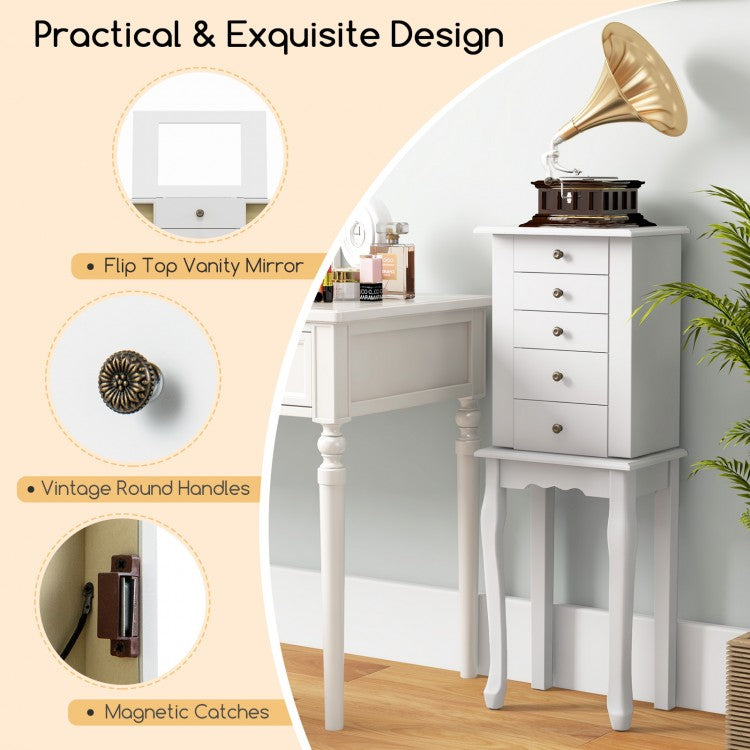 Elegant Standing Jewelry Armoire with Full-Length Mirror and Ample Storage – White