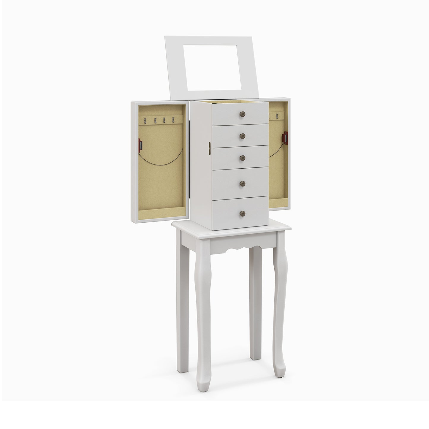Elegant Standing Jewelry Armoire with Full-Length Mirror and Ample Storage – White