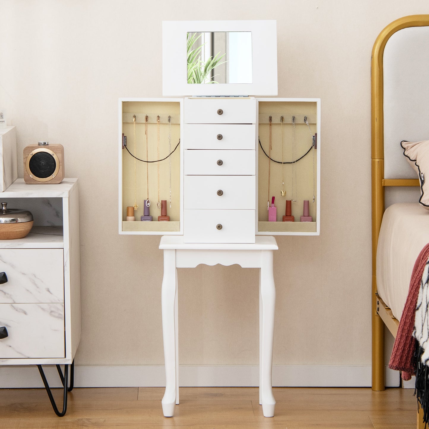 Elegant Standing Jewelry Armoire with Full-Length Mirror and Ample Storage – White