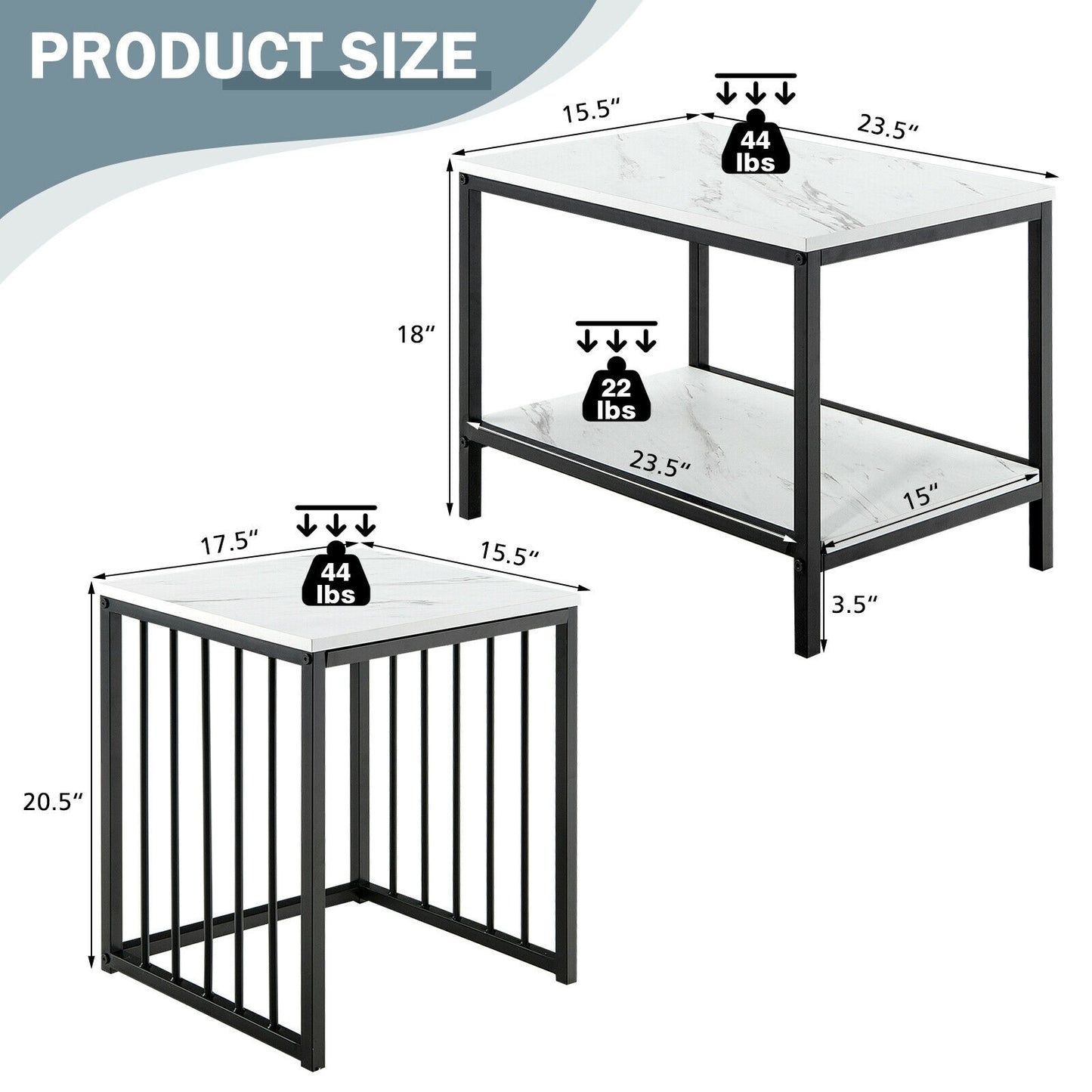 Elegant Marble Texture Nesting Table Set of 2 with Storage Shelves and Steel Frame