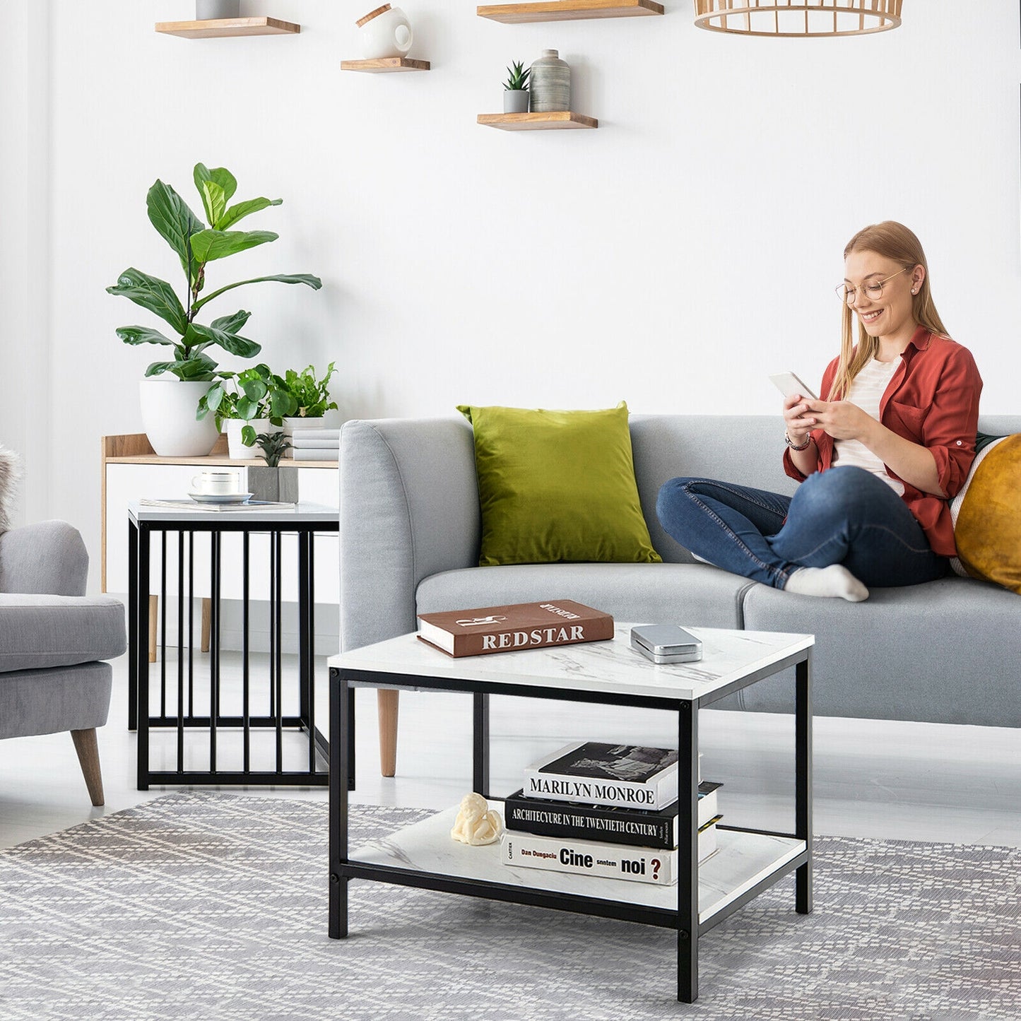 Elegant Marble Texture Nesting Table Set of 2 with Storage Shelves and Steel Frame