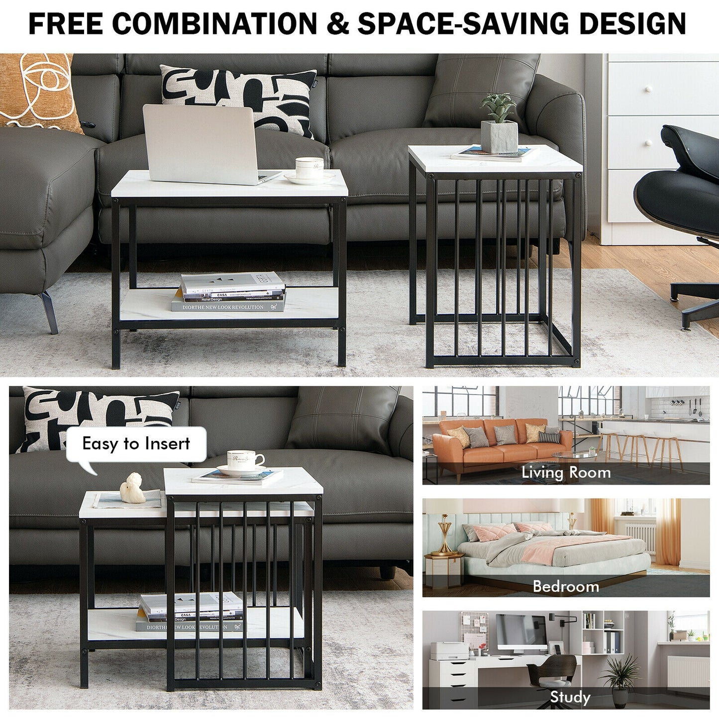Elegant Marble Texture Nesting Table Set of 2 with Storage Shelves and Steel Frame