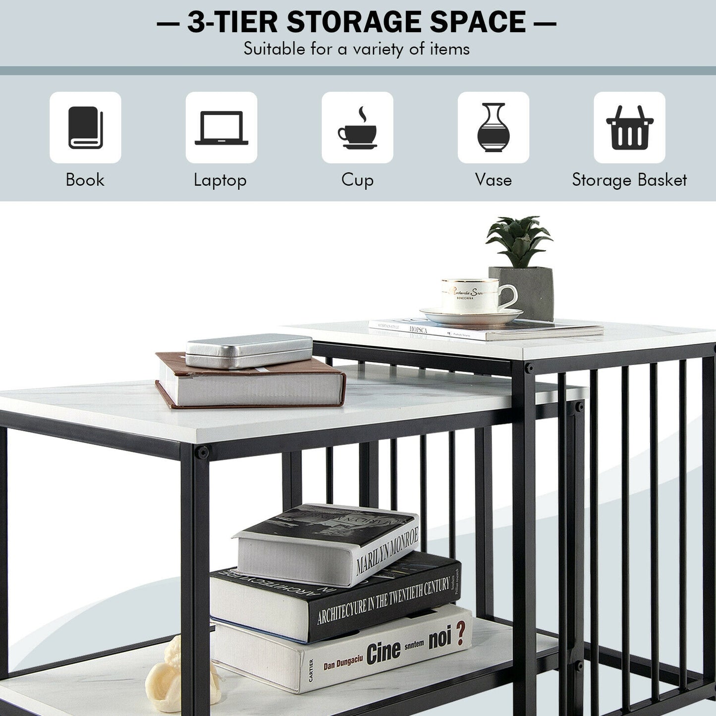 Elegant Marble Texture Nesting Table Set of 2 with Storage Shelves and Steel Frame