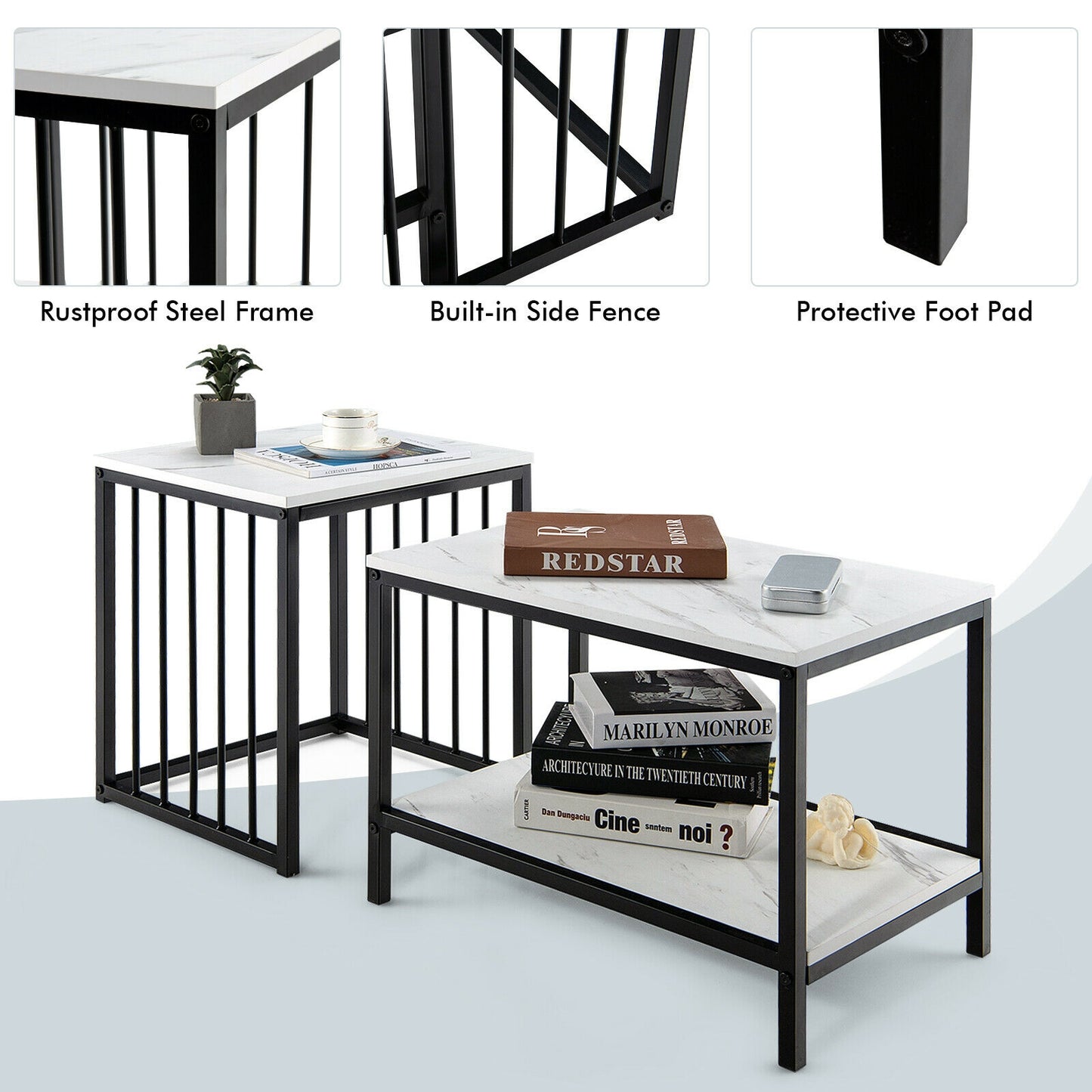 Elegant Marble Texture Nesting Table Set of 2 with Storage Shelves and Steel Frame