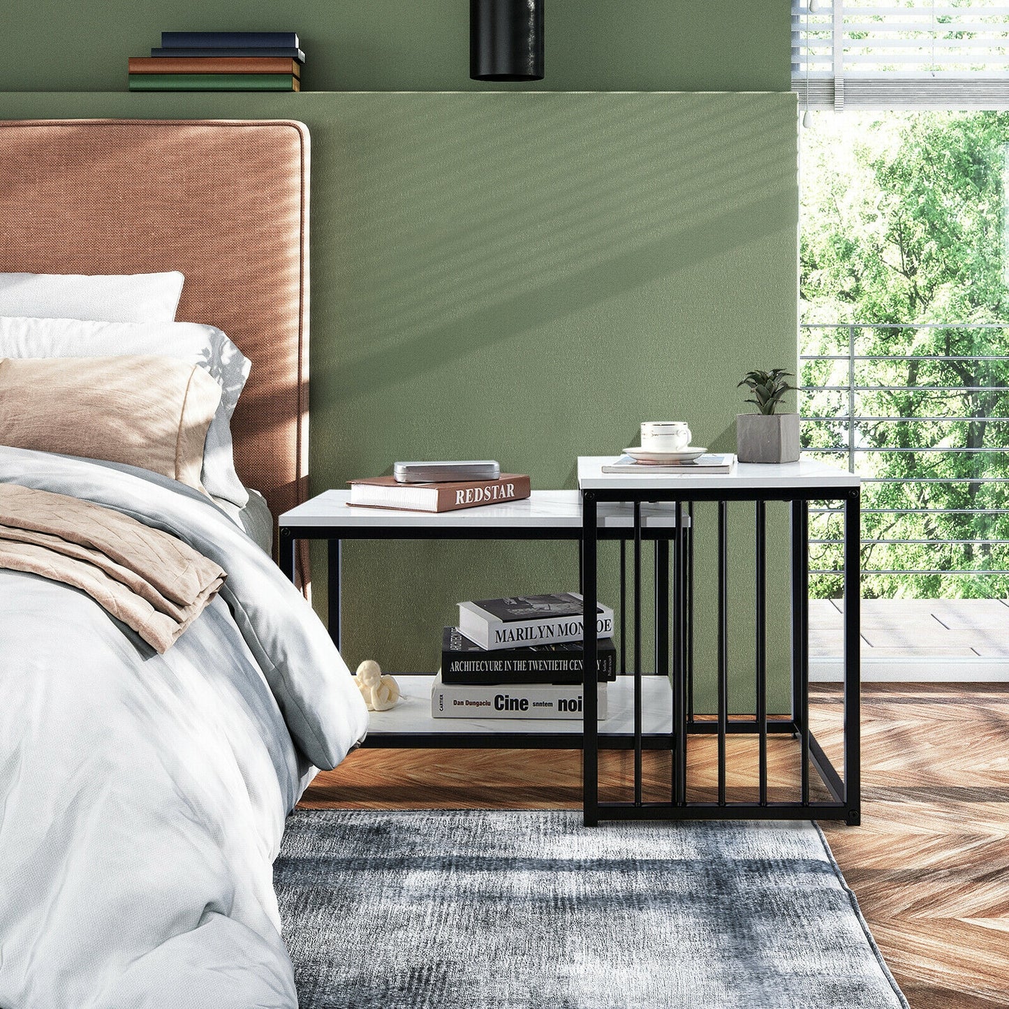 Elegant Marble Texture Nesting Table Set of 2 with Storage Shelves and Steel Frame
