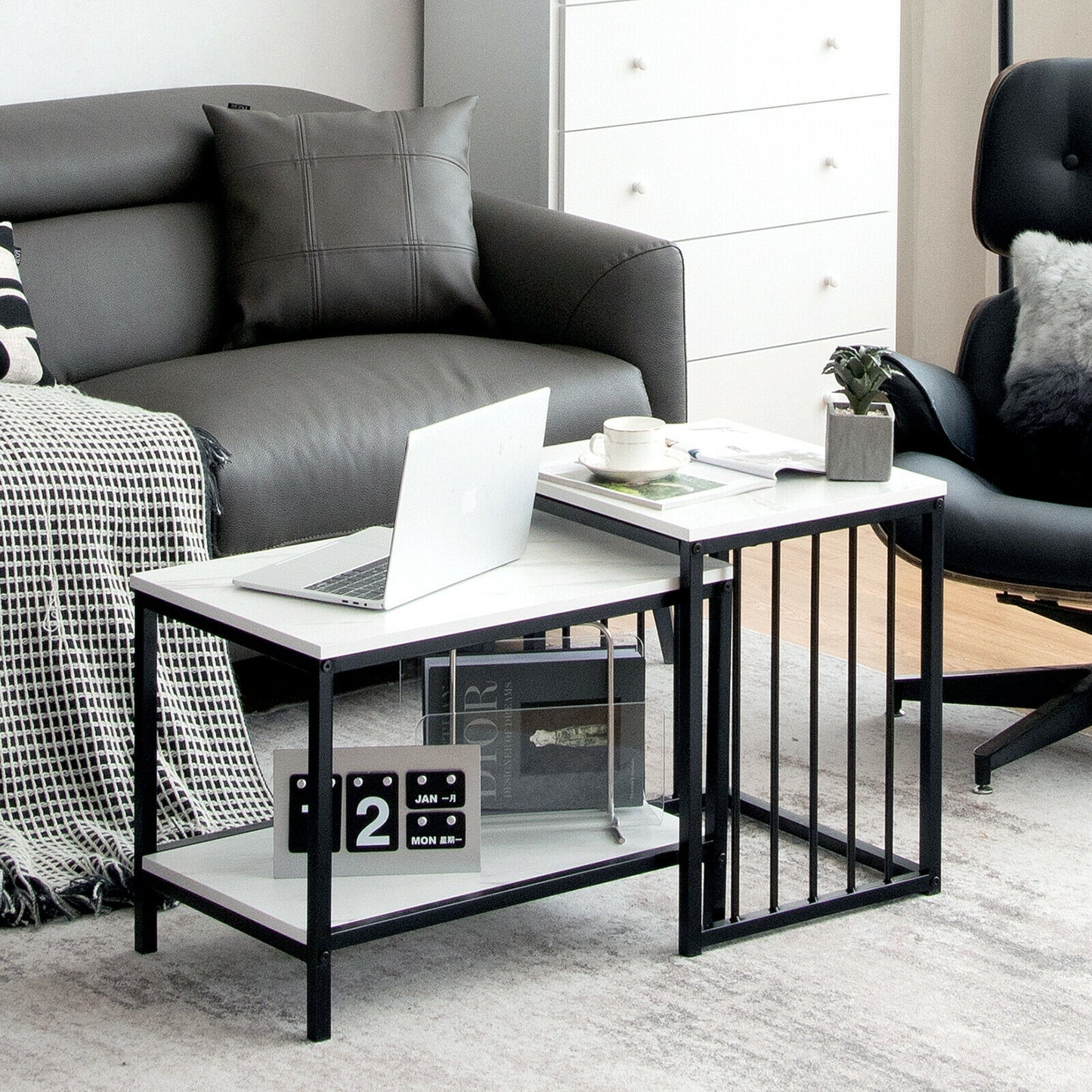 Elegant Marble Texture Nesting Table Set of 2 with Storage Shelves and Steel Frame