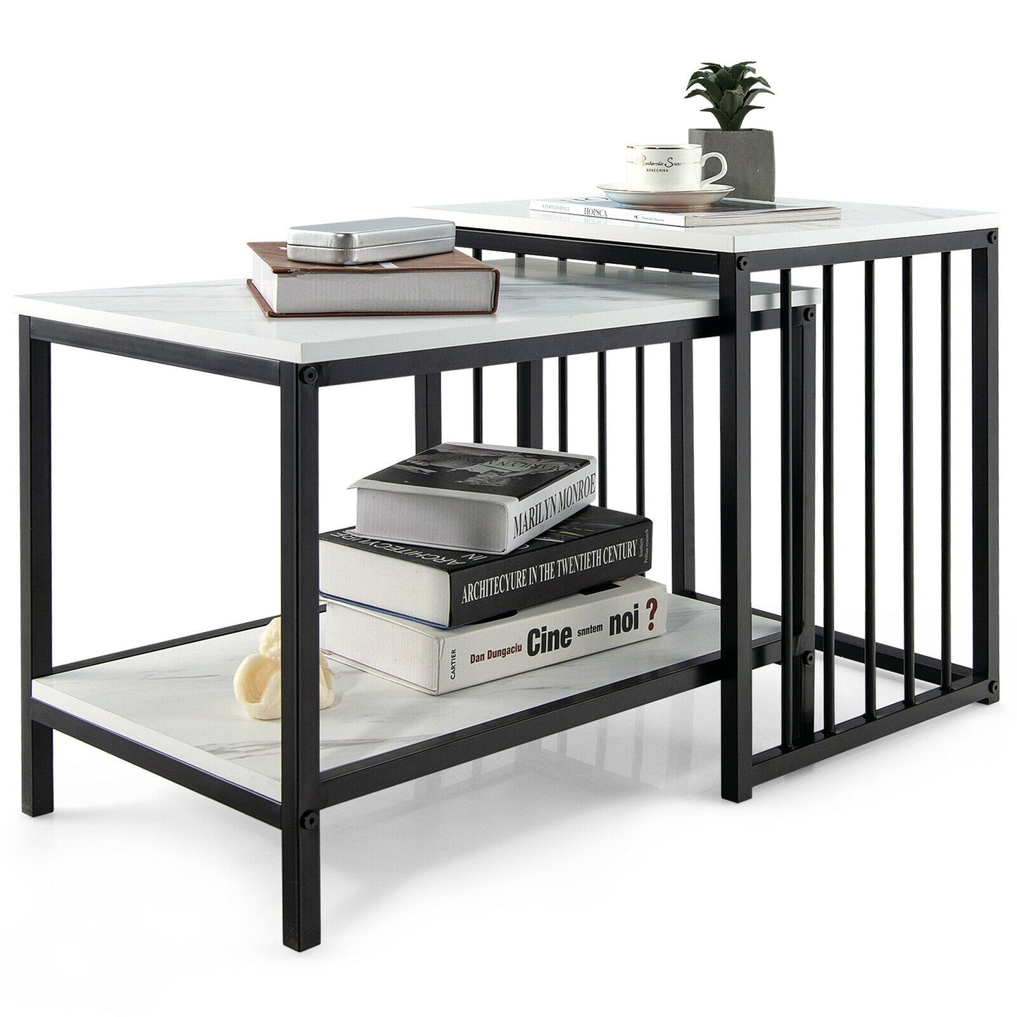 Elegant Marble Texture Nesting Table Set of 2 with Storage Shelves and Steel Frame