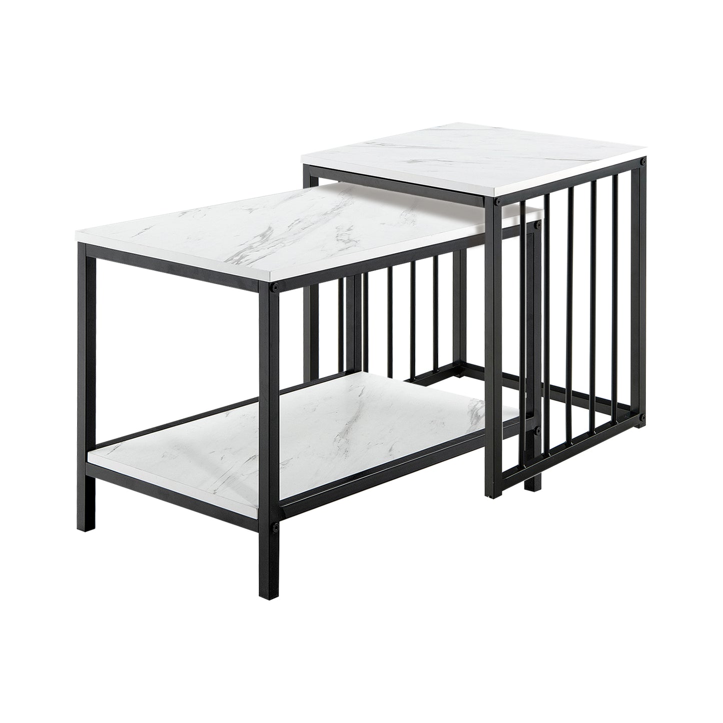 Elegant Marble Texture Nesting Table Set of 2 with Storage Shelves and Steel Frame