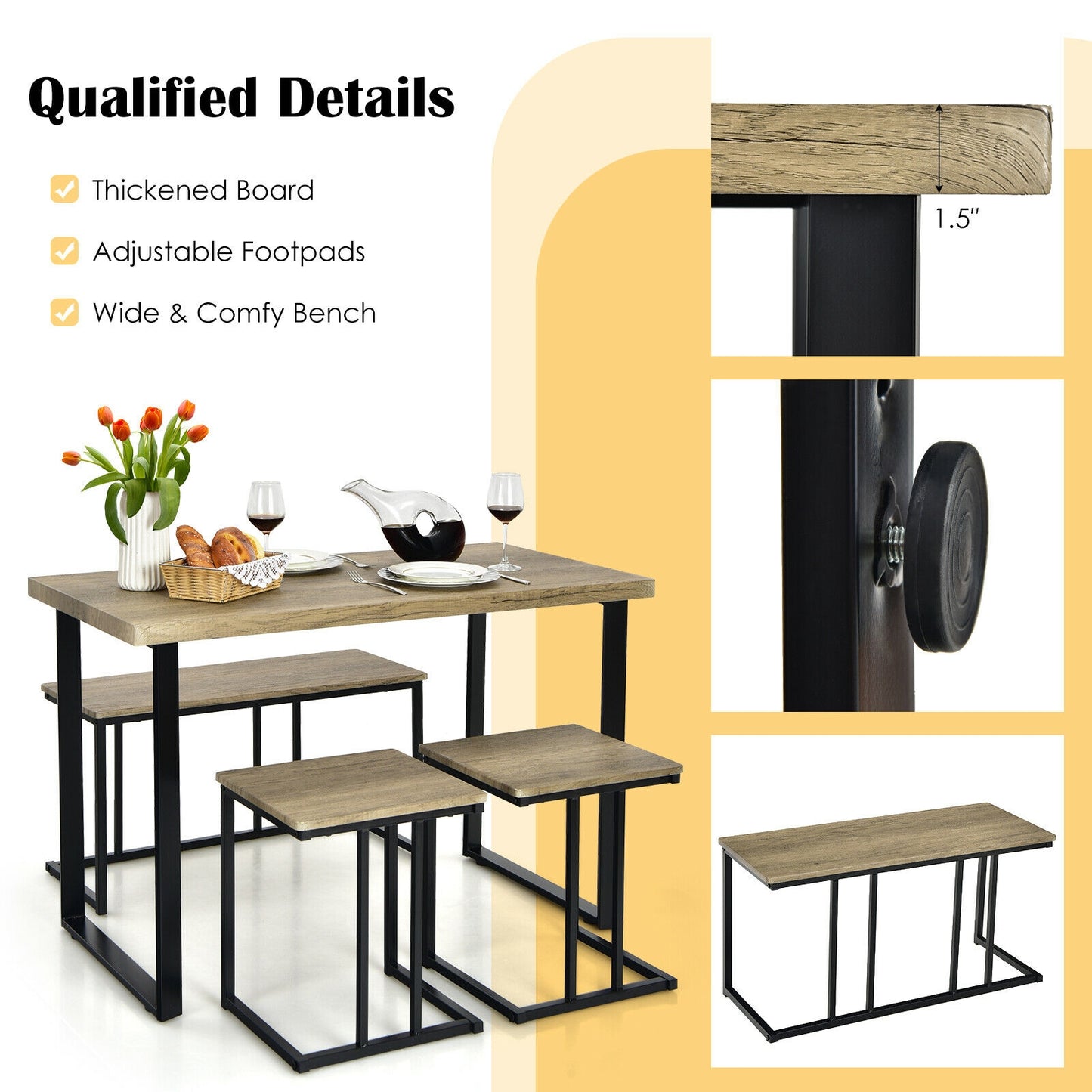 4-Piece Industrial Dining Set with Bench and Two Stools Compact Space-Saving Design