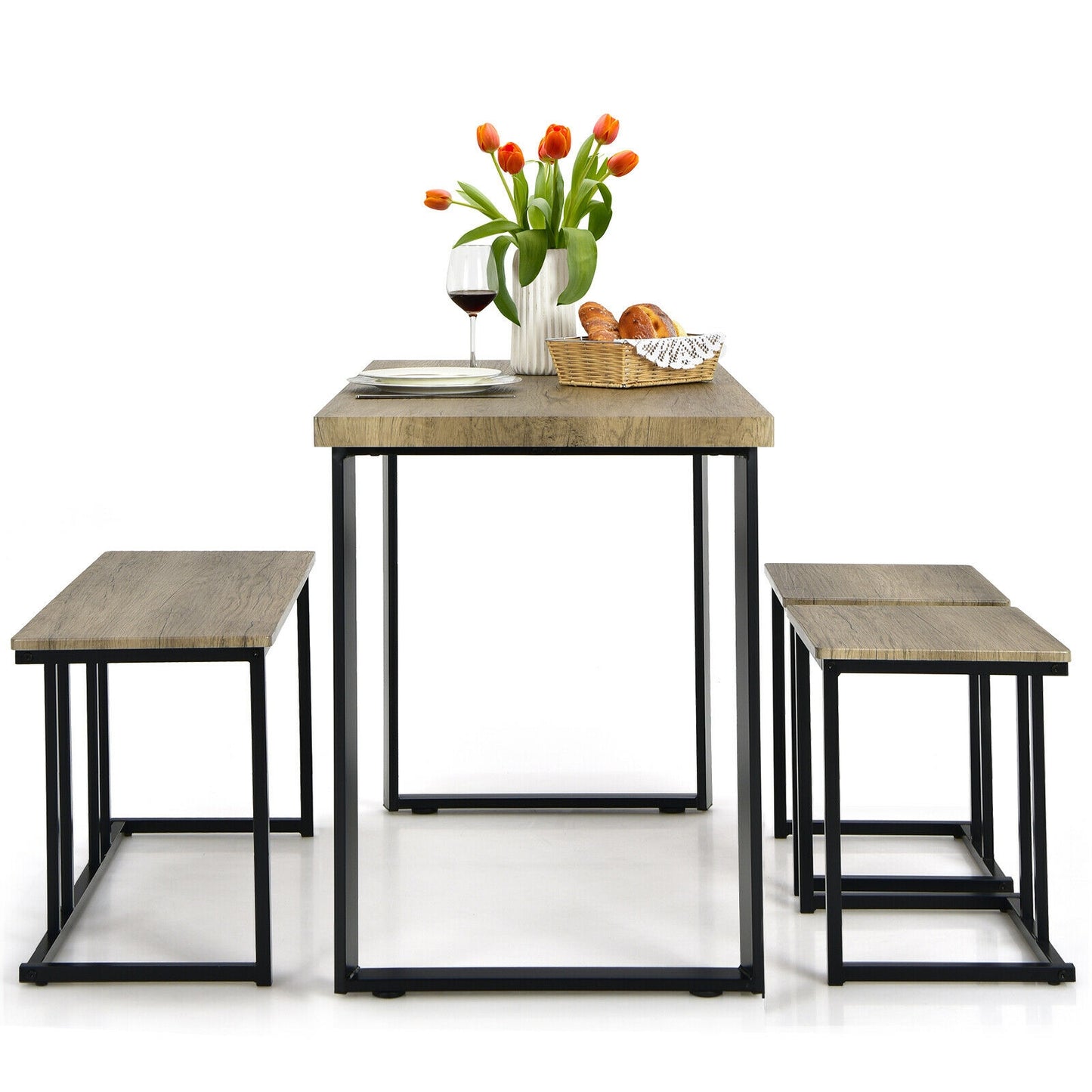 4-Piece Industrial Dining Set with Bench and Two Stools Compact Space-Saving Design