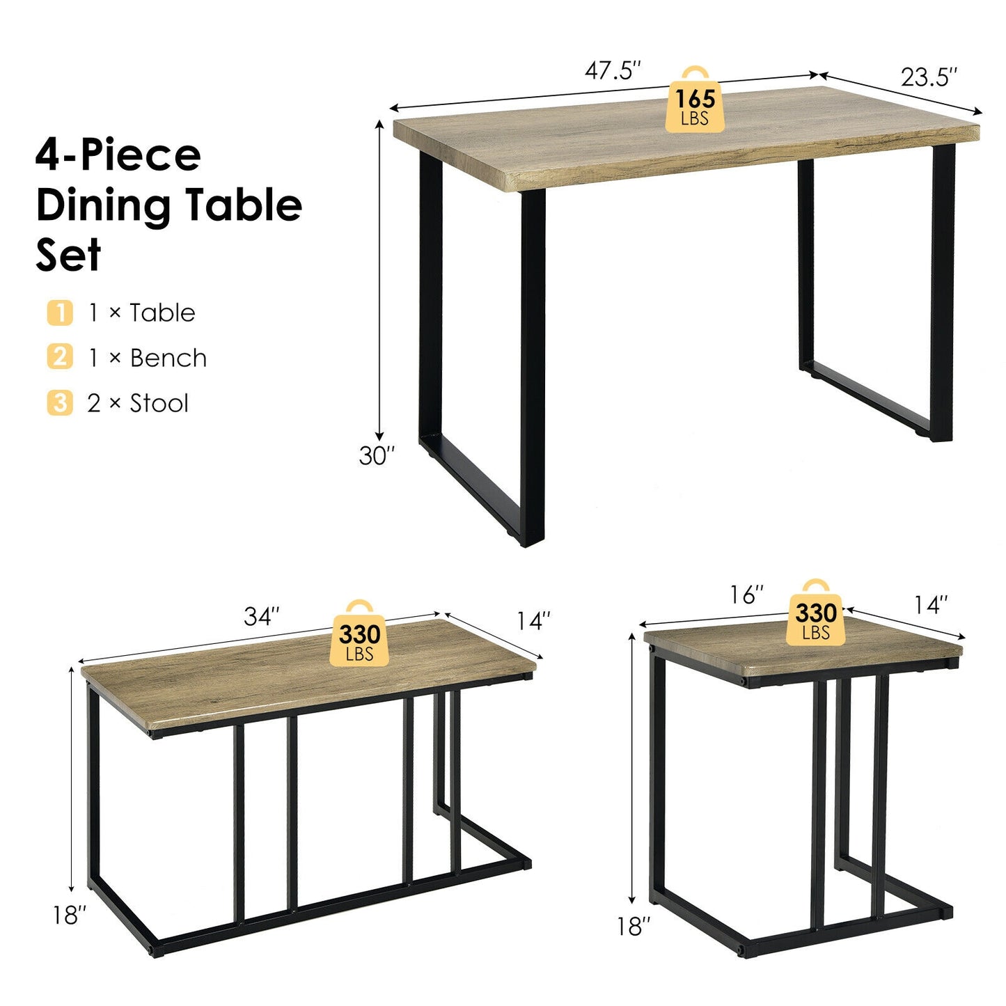 4-Piece Industrial Dining Set with Bench and Two Stools Compact Space-Saving Design
